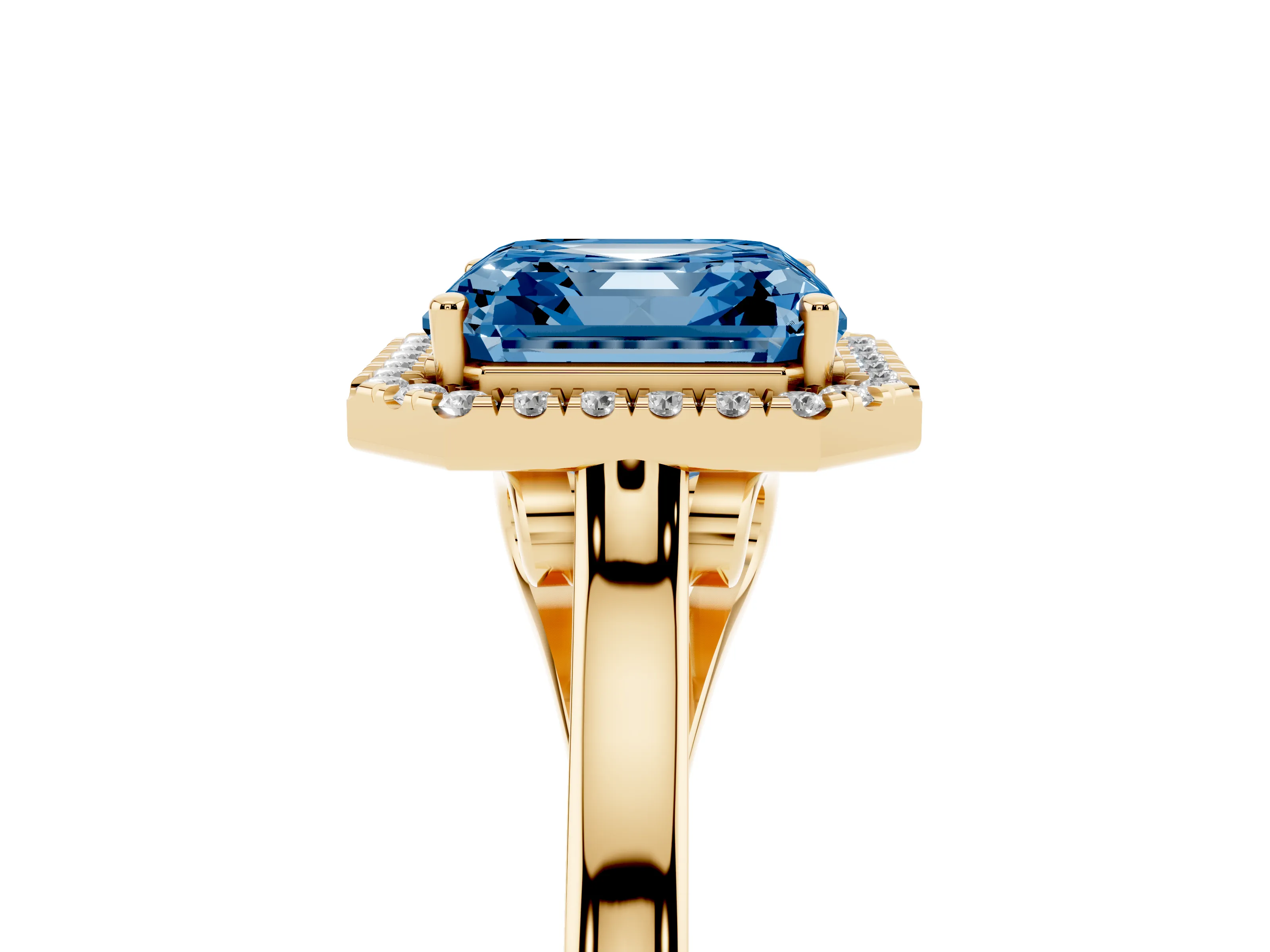 Fancy Blue Asscher Cut Halo Round Diamond Solitaire Ring Set in Yellow gold with Pavé Band and Prong Setting