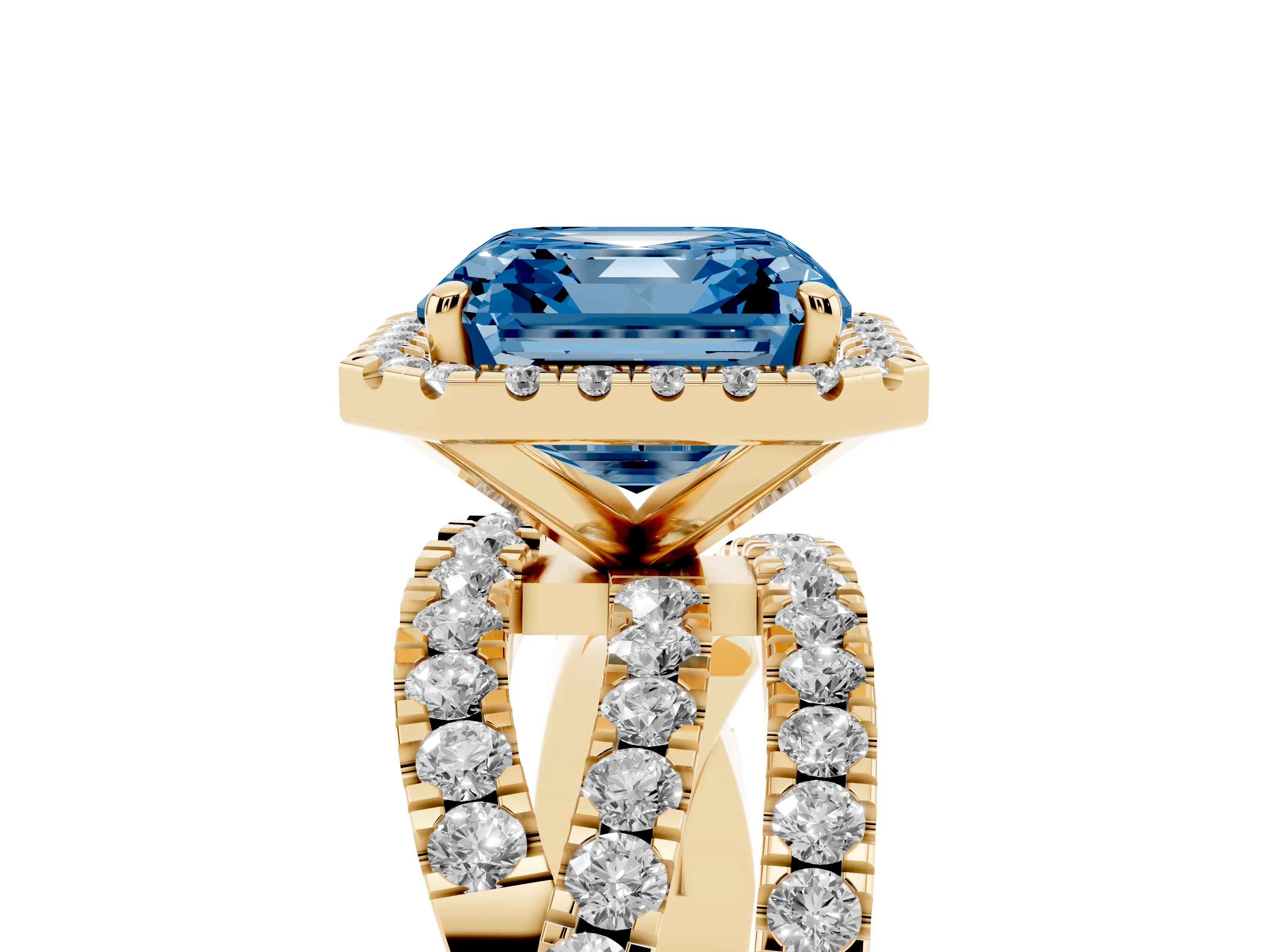 Fancy Blue Asscher Cut Diamond Halo Ring Set in Yellow gold with Round Crossover Split Shank and Prong Setting