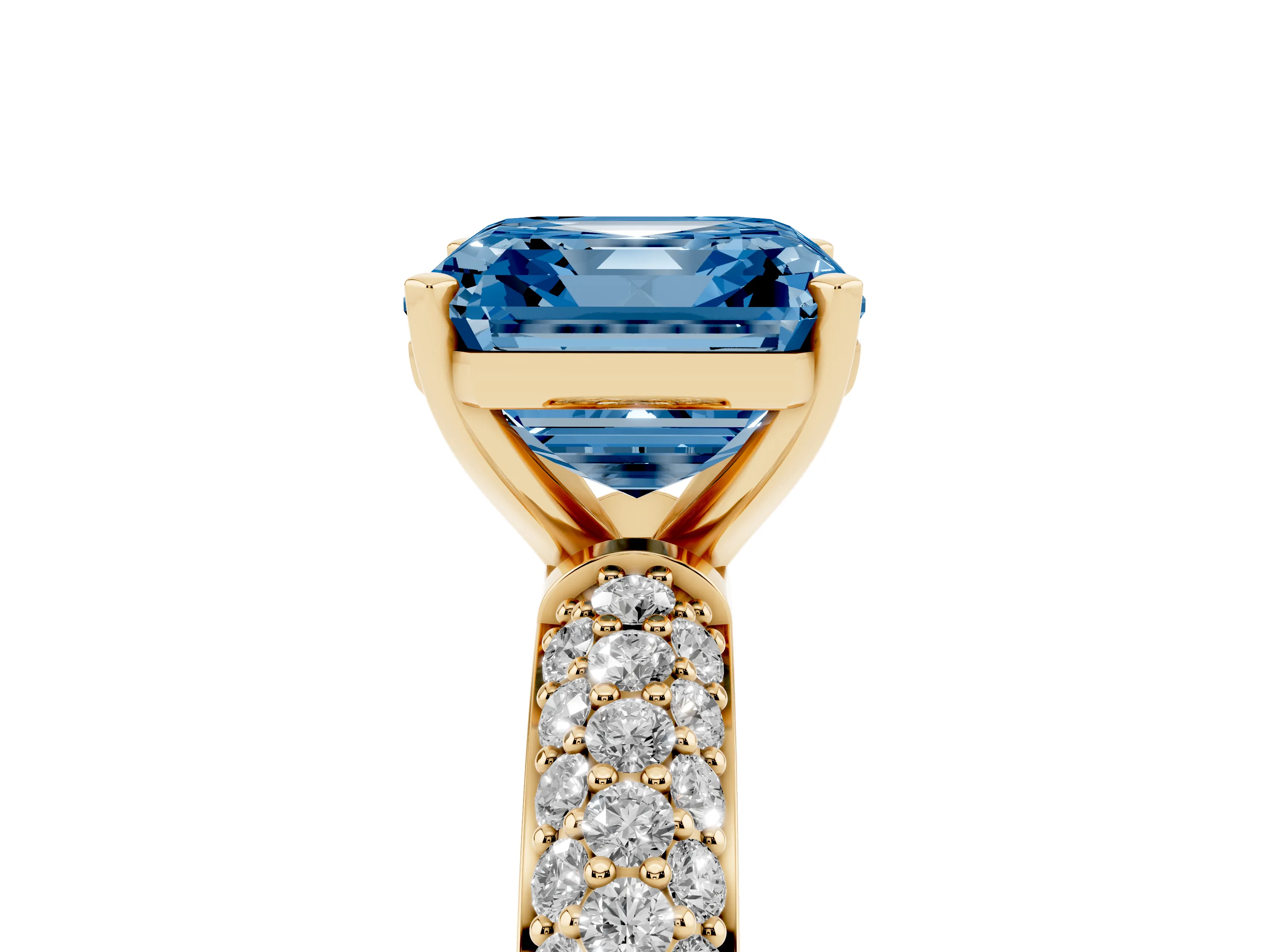Fancy Blue Asscher Cut Diamond Solitaire Ring Set in Yellow gold with Prong Setting and Pavé-Set Band