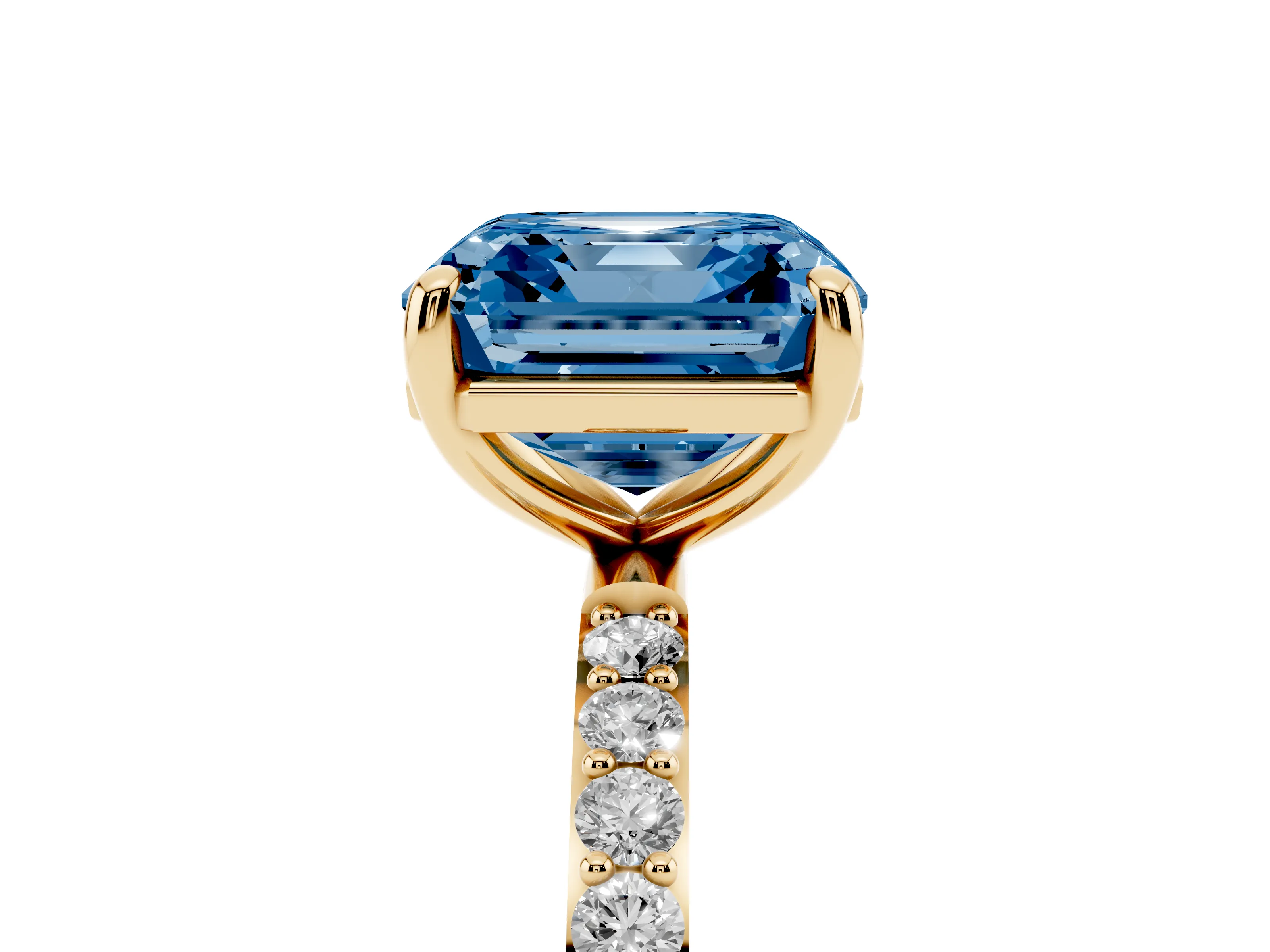 Fancy Blue Asscher Cut Diamond Solitaire Ring Set in Yellow gold with Round Pavé Band and Prong Setting