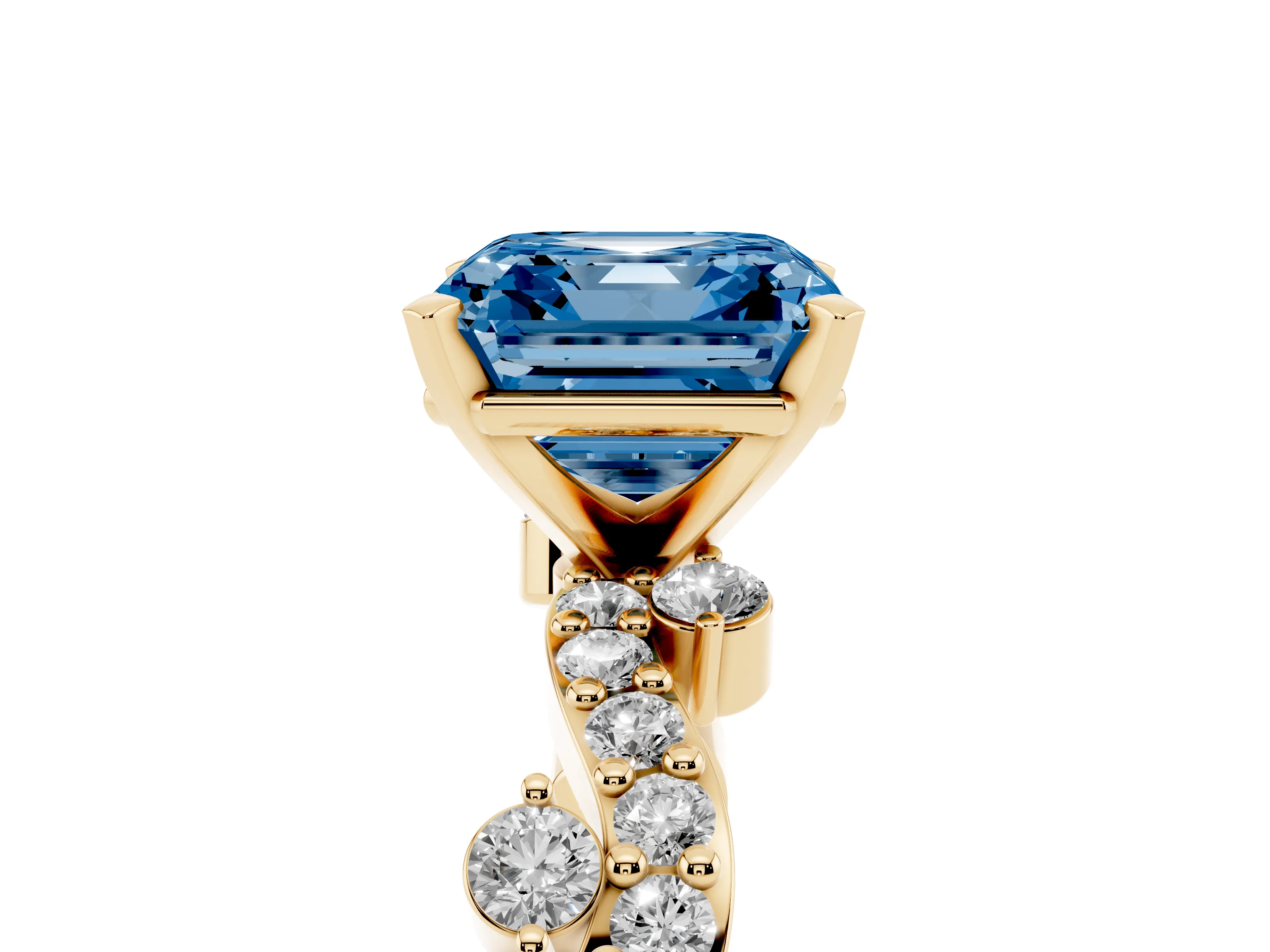 Fancy Blue Asscher Cut Diamond Solitaire Twisted Band Set in Yellow gold with Pavé Setting