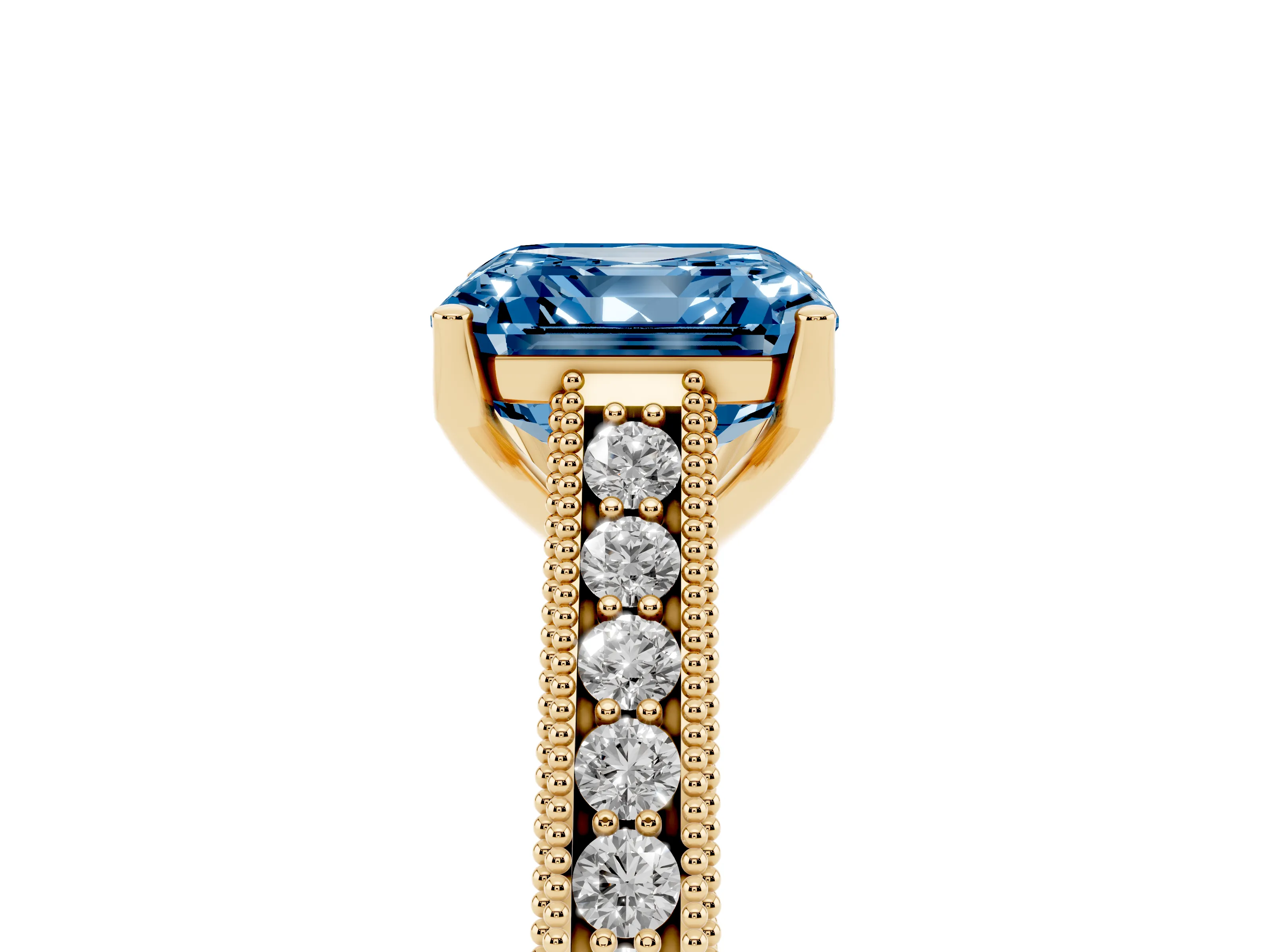 Fancy Blue Asscher Cut Diamond Milgrain Pavé Band Solitaire Ring Set in Yellow gold with Prong Setting