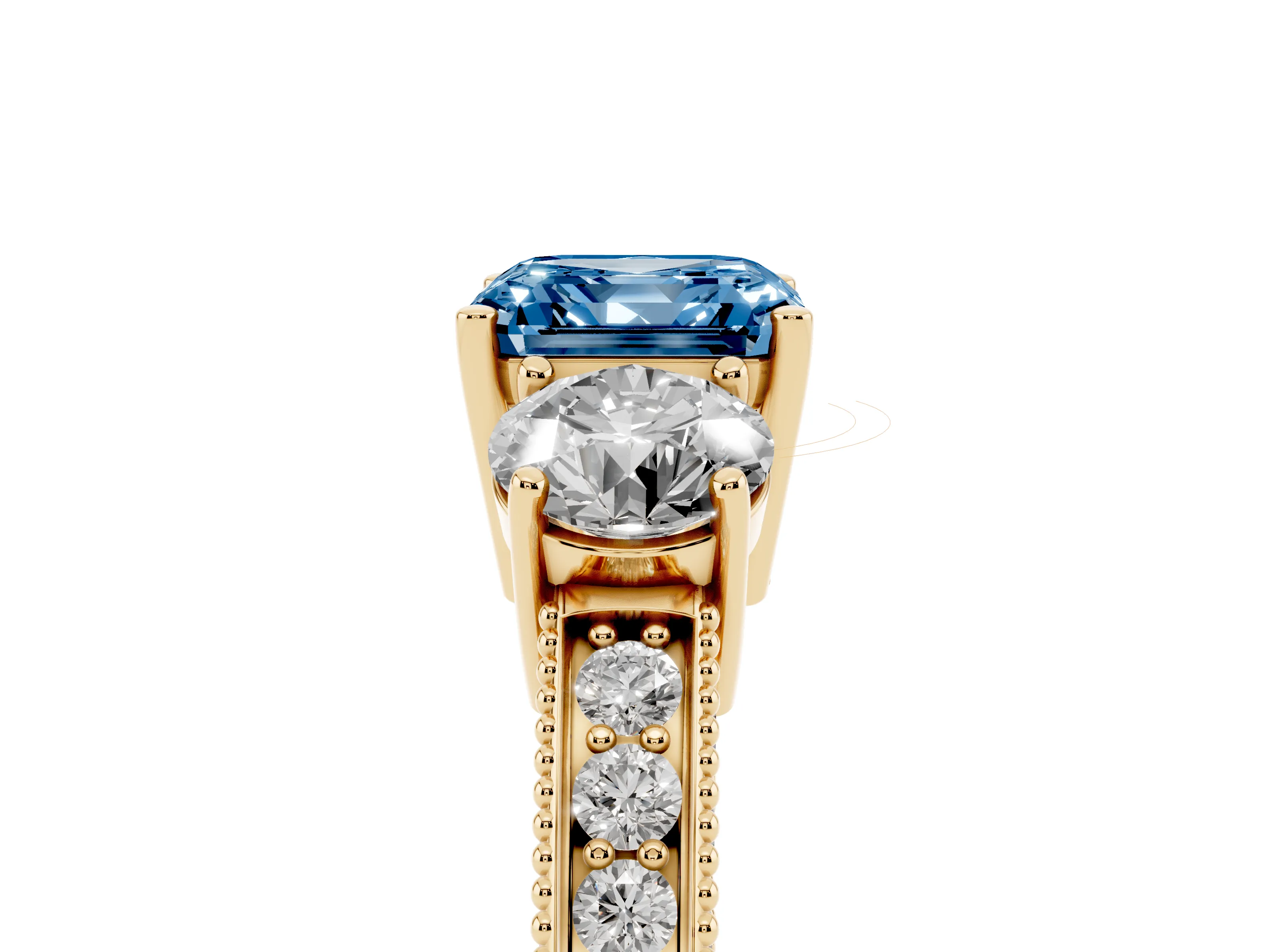 Fancy Blue Asscher Cut Diamond Three-Stone Ring Set in Yellow gold with Round Side Stones and Pavé Band
