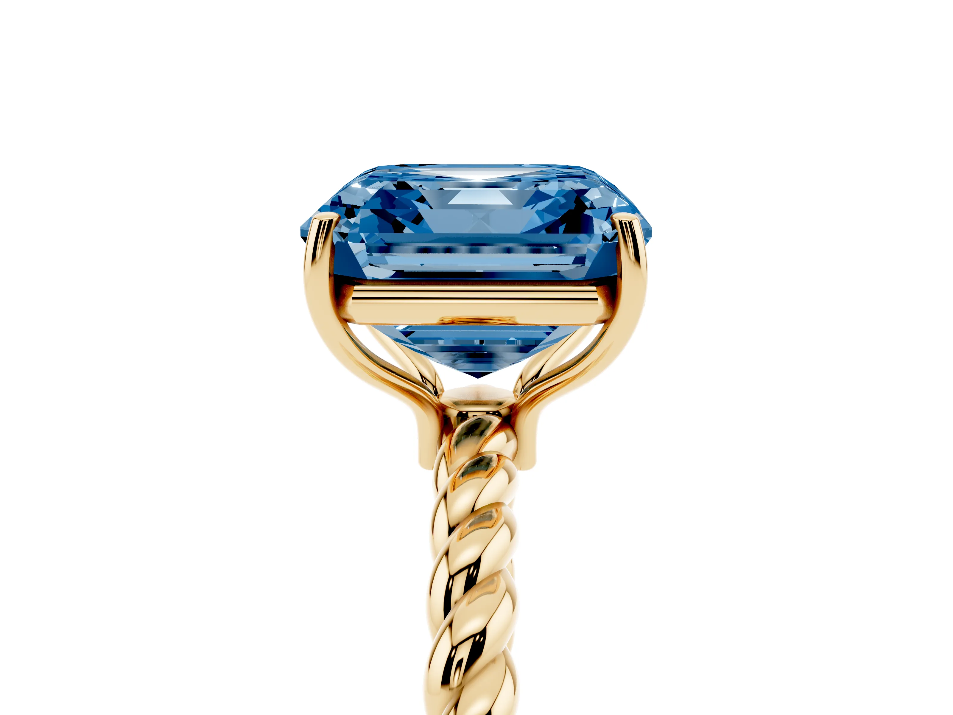 Fancy Blue Asscher Cut Diamond Solitaire Ring Set in Yellow gold with Twist Band and Prong Setting