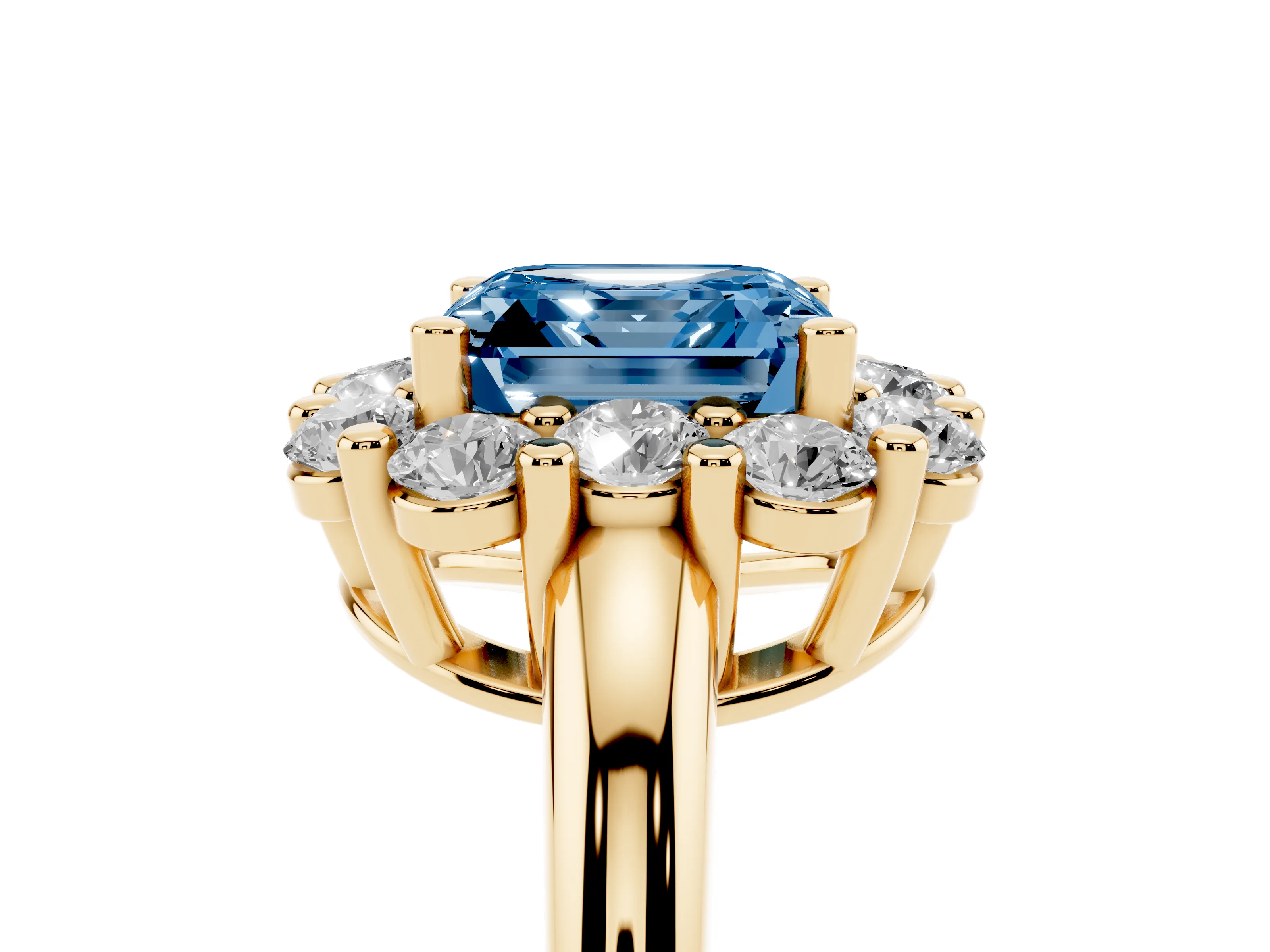 Fancy Blue Asscher Cut Diamond Halo Cluster Engagement Ring Set in Yellow gold with Polished Band and Prong Setting
