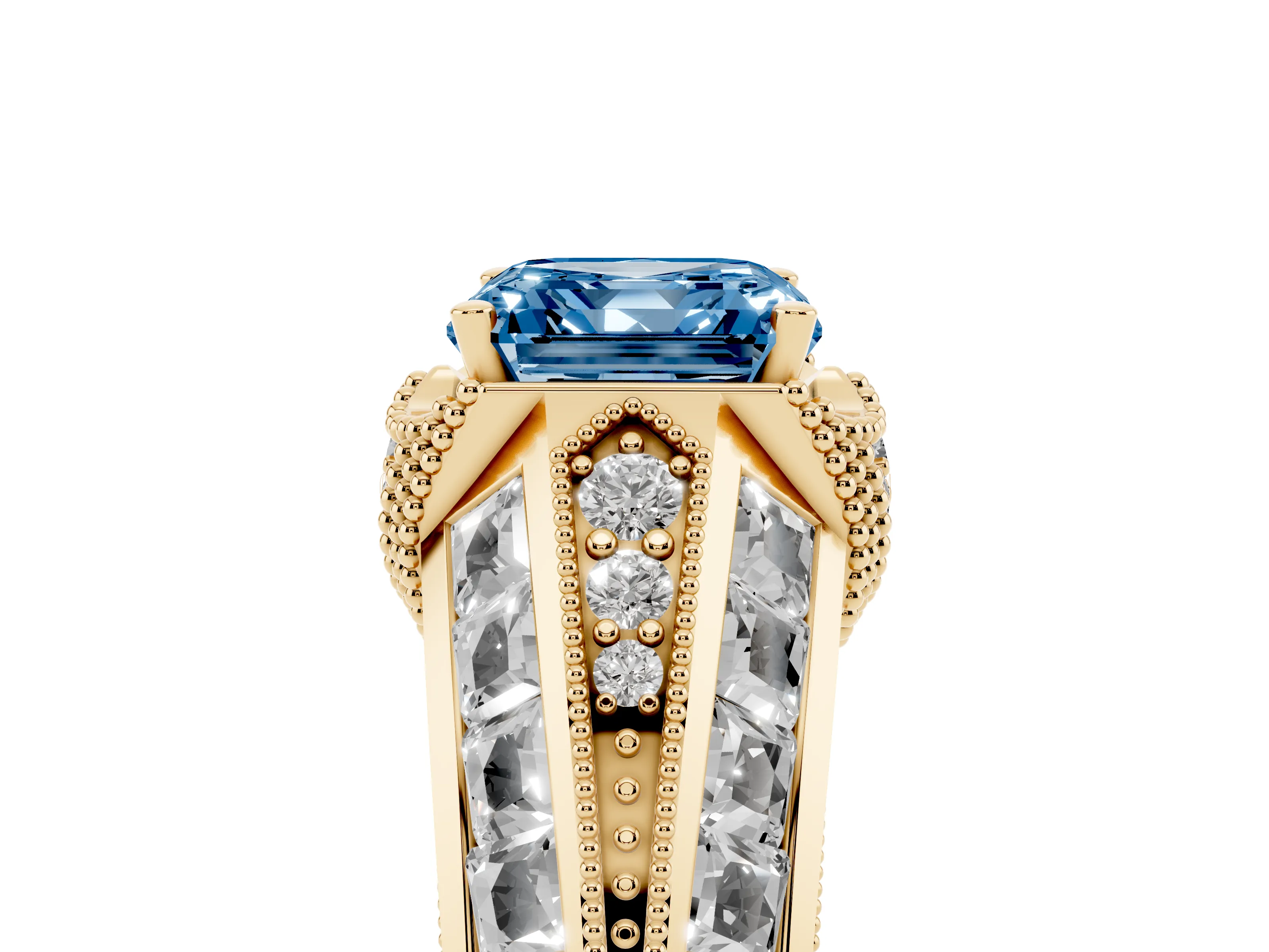 Fancy Blue Asscher Cut Diamond Vintage-Inspired Milgrain Ring Set in Yellow gold with Accent Split Shank