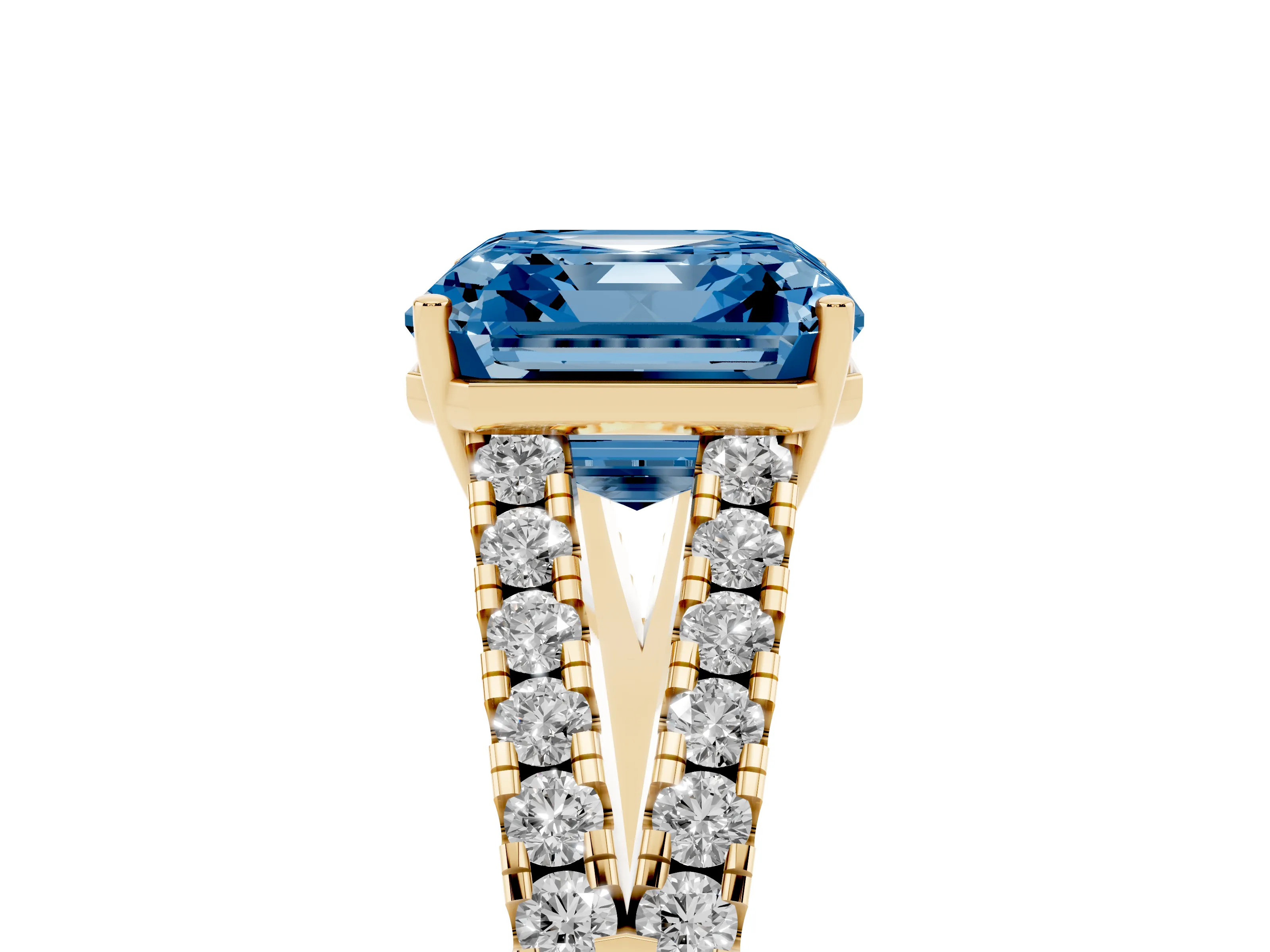 Fancy Blue Asscher Cut Diamond Split Shank Pavé Engagement Ring Set in Yellow gold with Prong-Held Center Stone