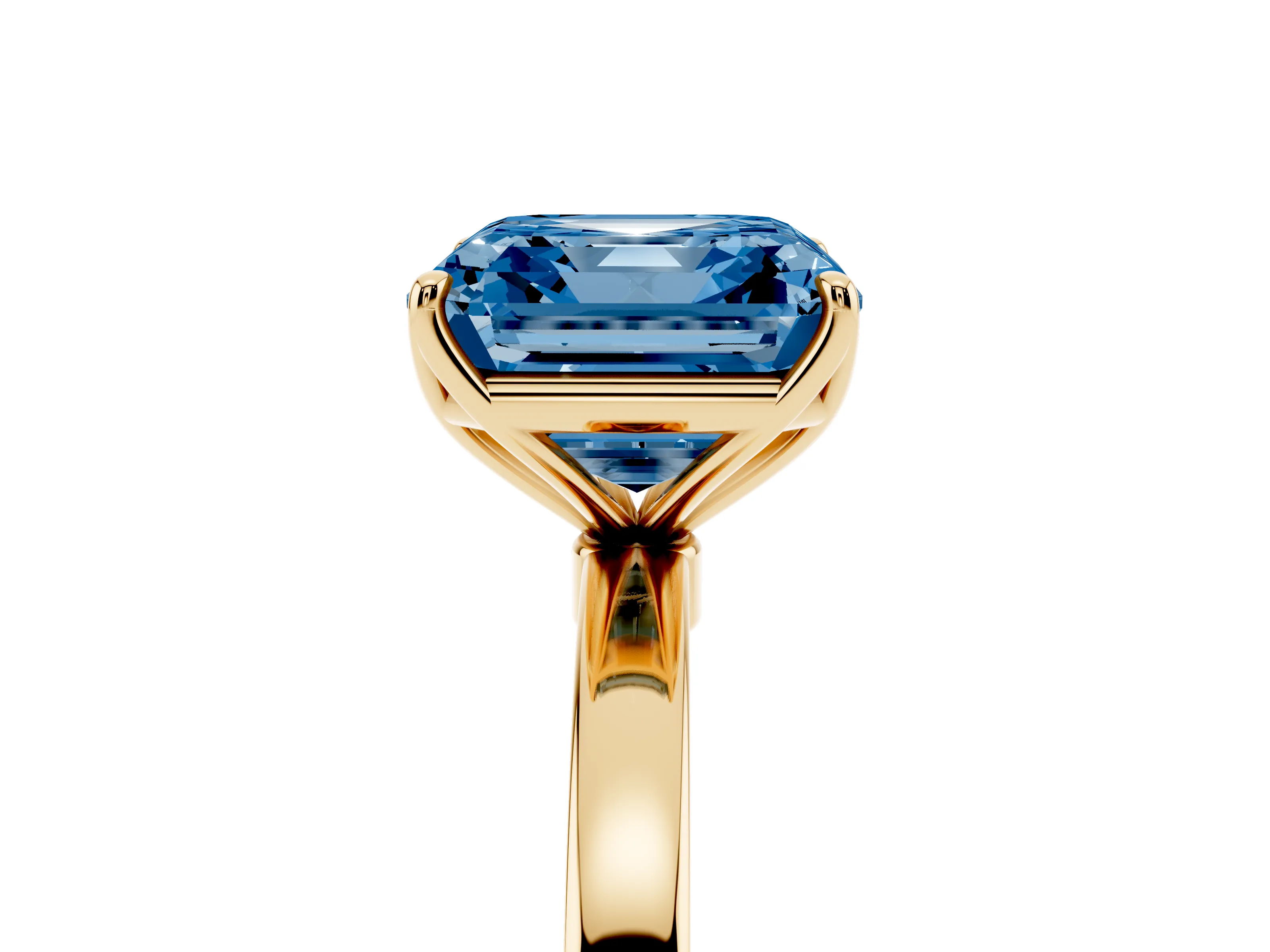 Fancy Blue Asscher Cut Diamond Solitaire Ring Set in Yellow gold with Prong Setting and Thin Polished Band