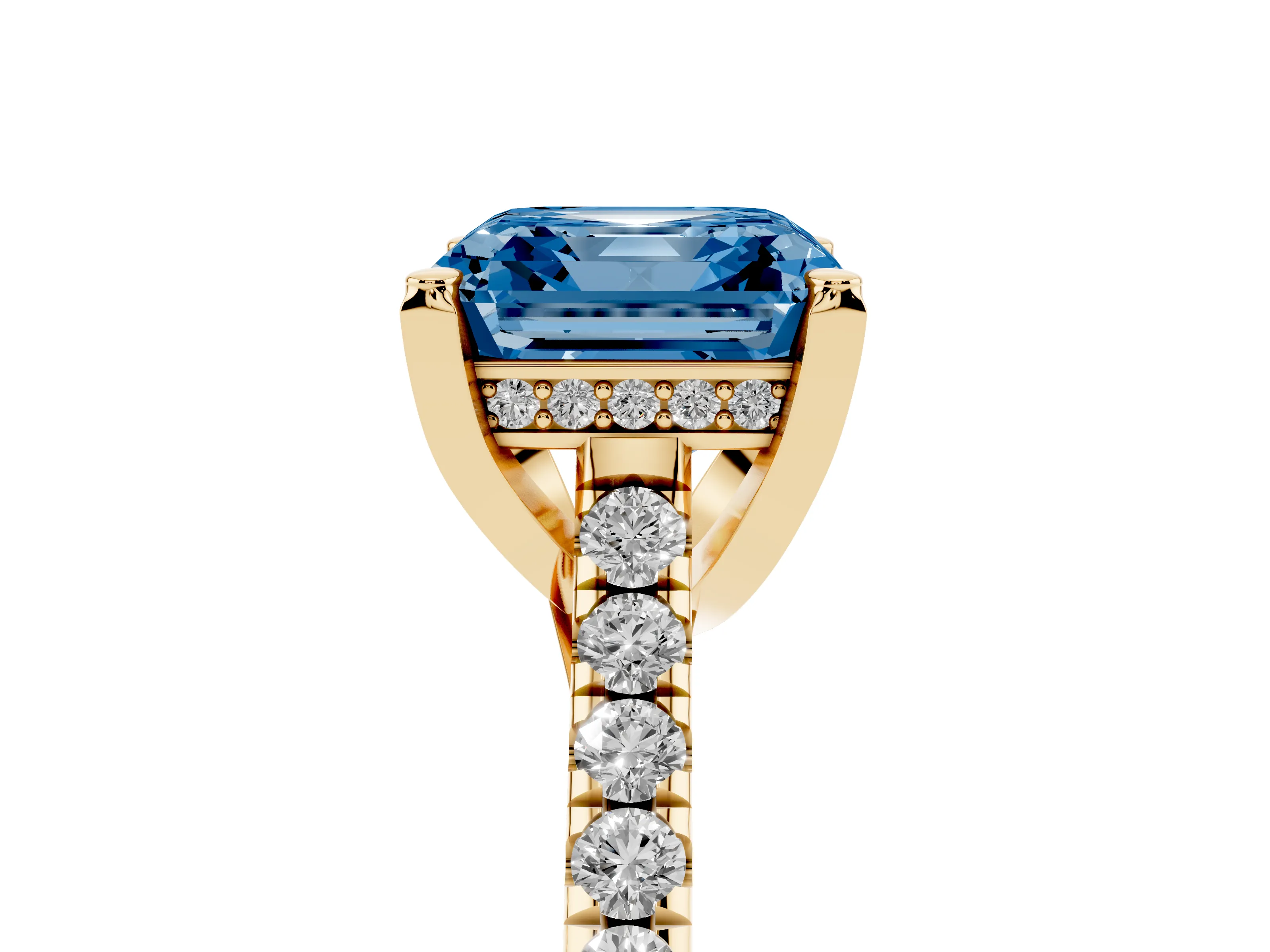 Fancy Blue Asscher Cut Diamond Solitaire Ring Set in Yellow gold with Brilliant Pavé Band and Prong Setting