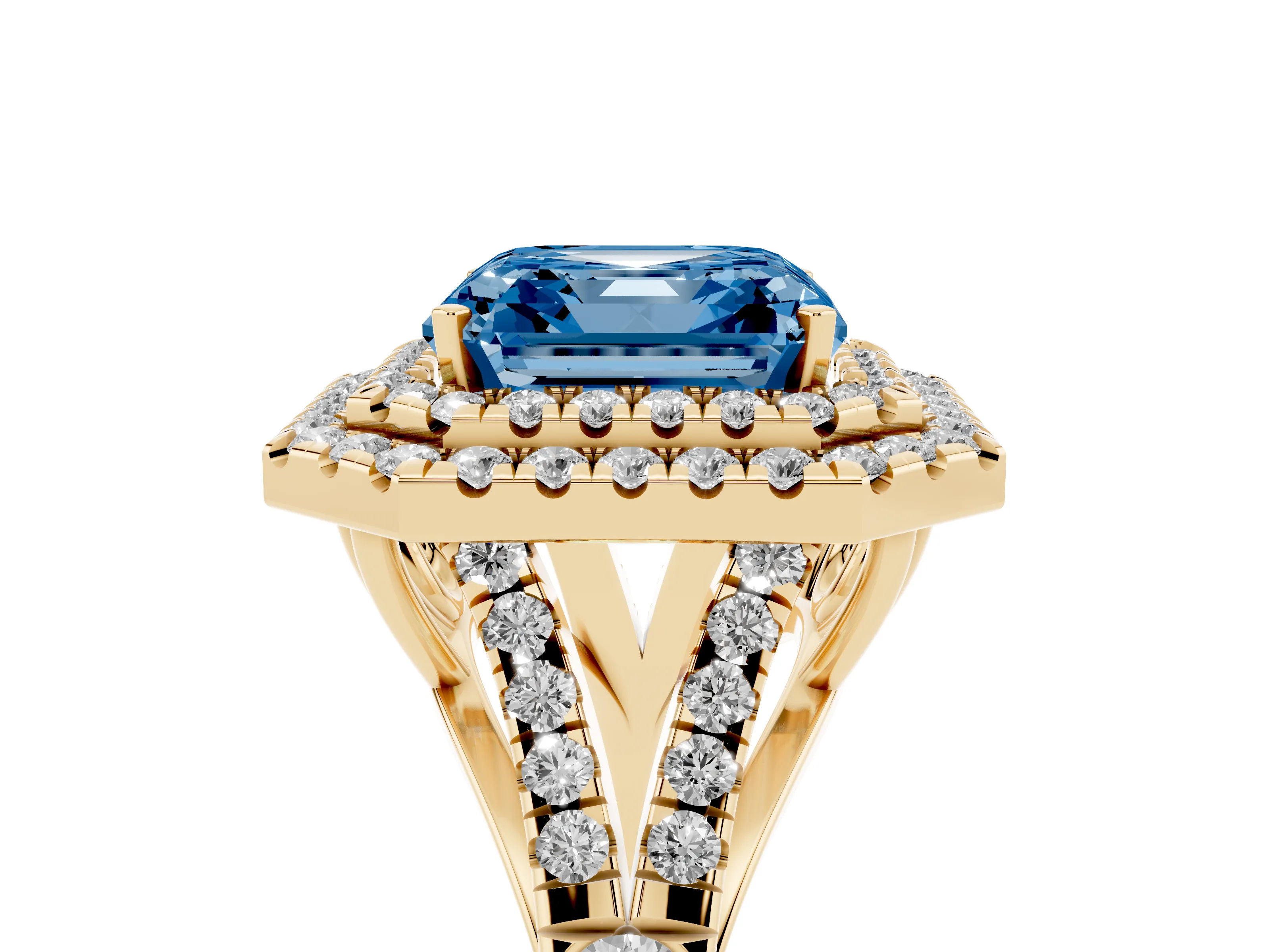Fancy Blue Asscher Cut Diamond Pavé Split Shank Double Halo Engagement Ring Set in Yellow gold