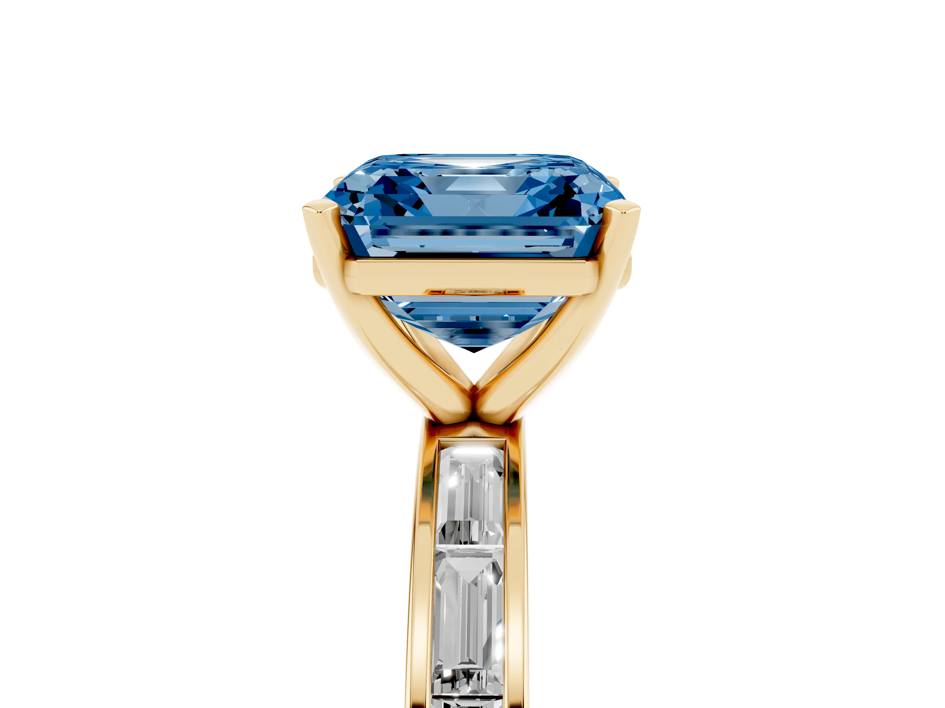 Fancy Blue Asscher Cut Diamond Solitaire Ring Set in Yellow gold with Channel-Set Baguette Band and Prong Setting