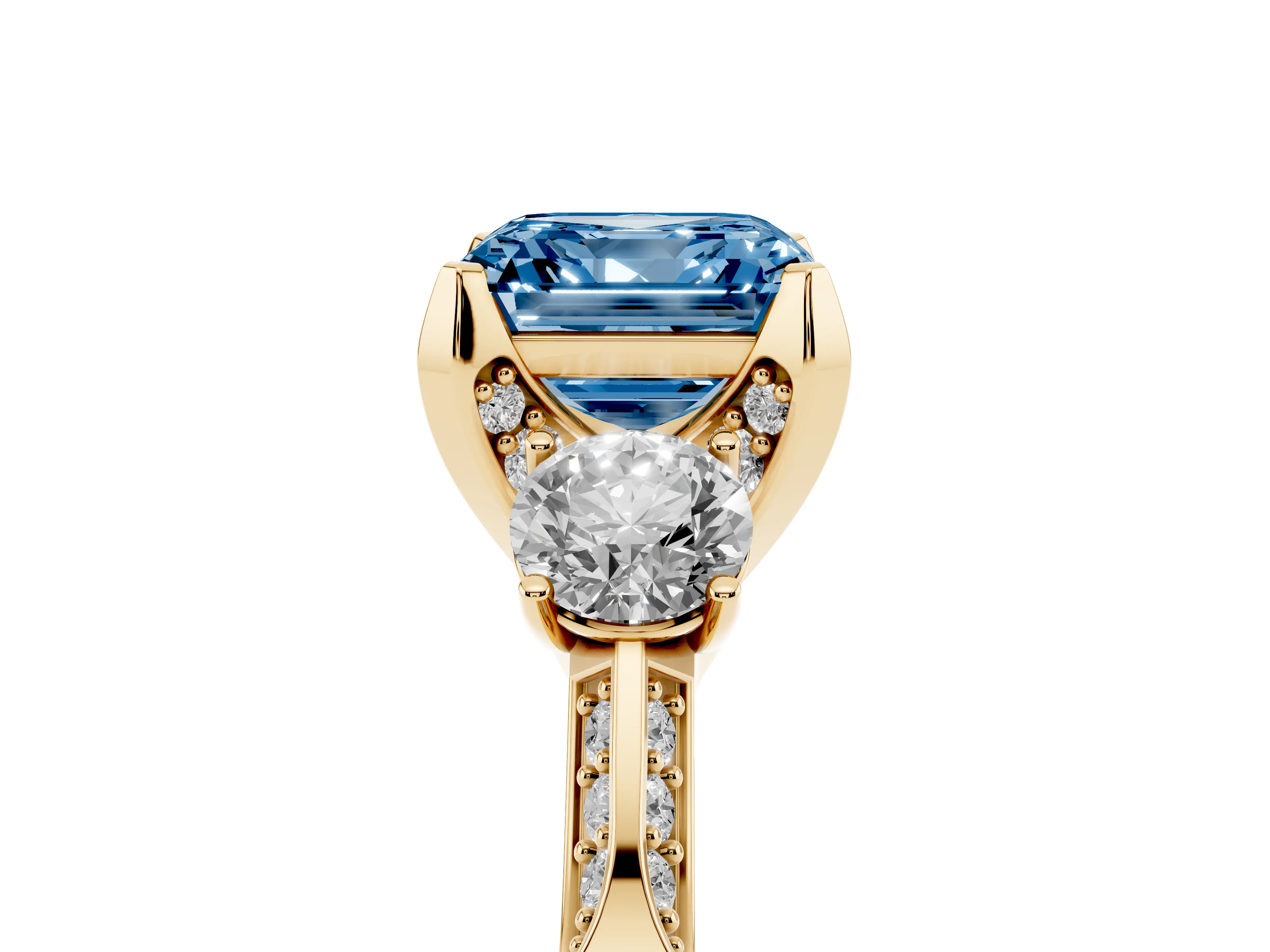Fancy Blue Asscher Cut Diamond Three-Stone Ring Set in Yellow gold with Pavé Band and Smaller Side Stones