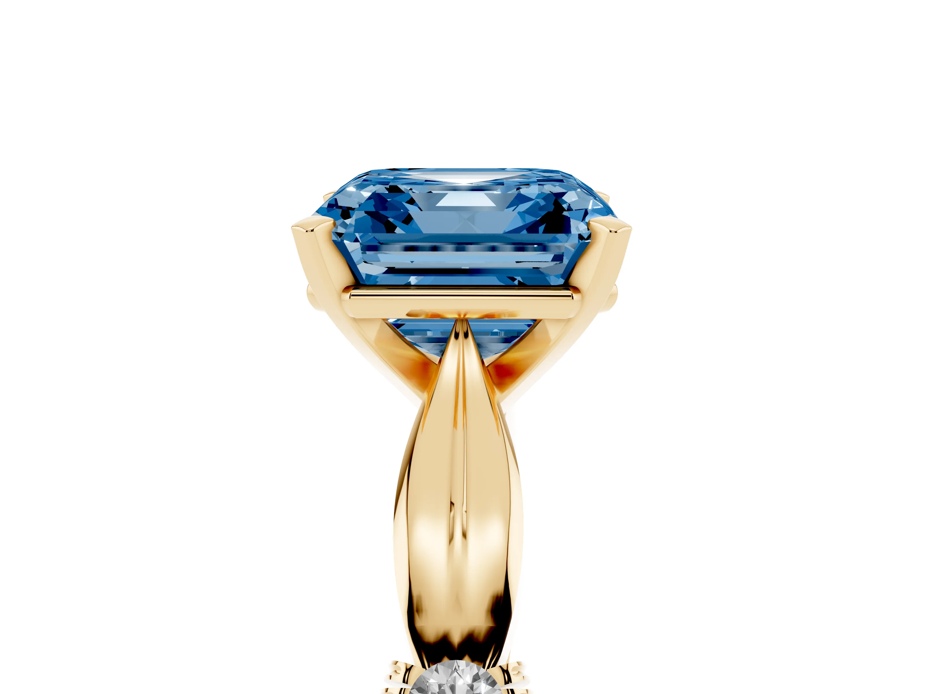 Fancy Blue Asscher Cut Diamond Solitaire Twisted Band Ring Set in Yellow gold with Accent Stones and Prong Setting