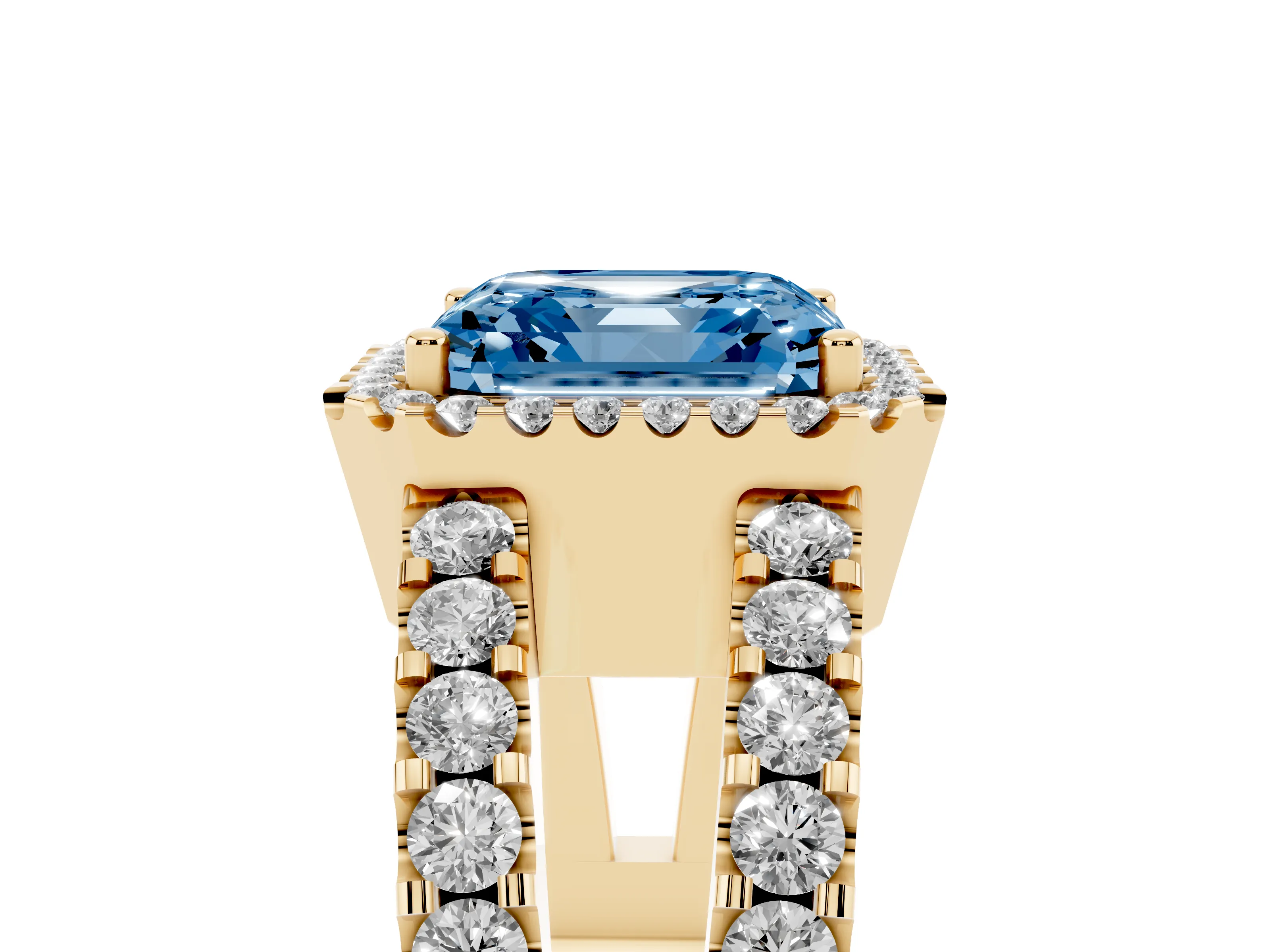 Fancy Blue Asscher Cut Diamond Halo Ring Set in Yellow gold with Pavé Split Shank and Prong Setting