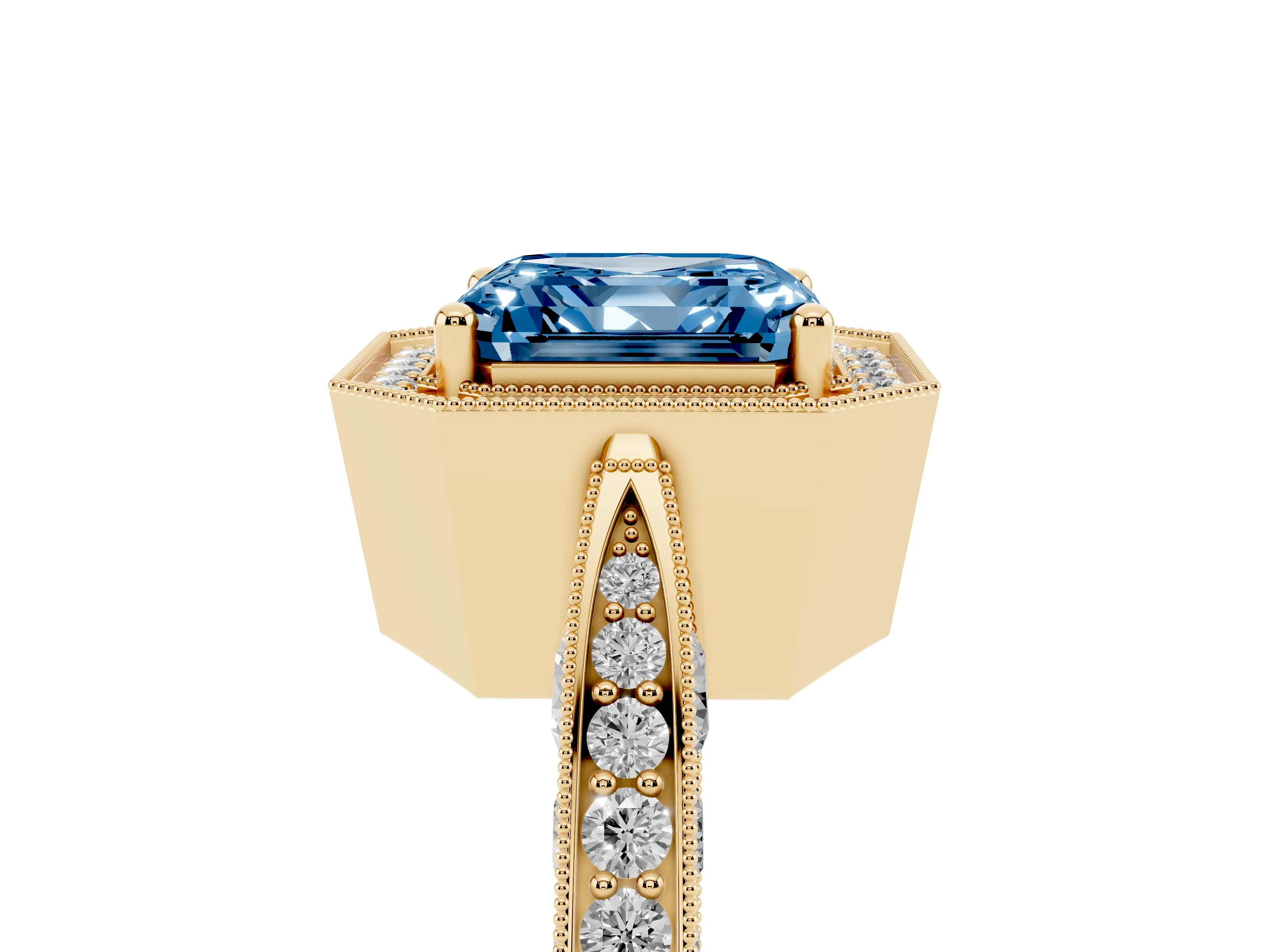 Fancy Blue Asscher Cut Diamond Halo Engagement Ring Set in Yellow gold with Accent Split Shank Band