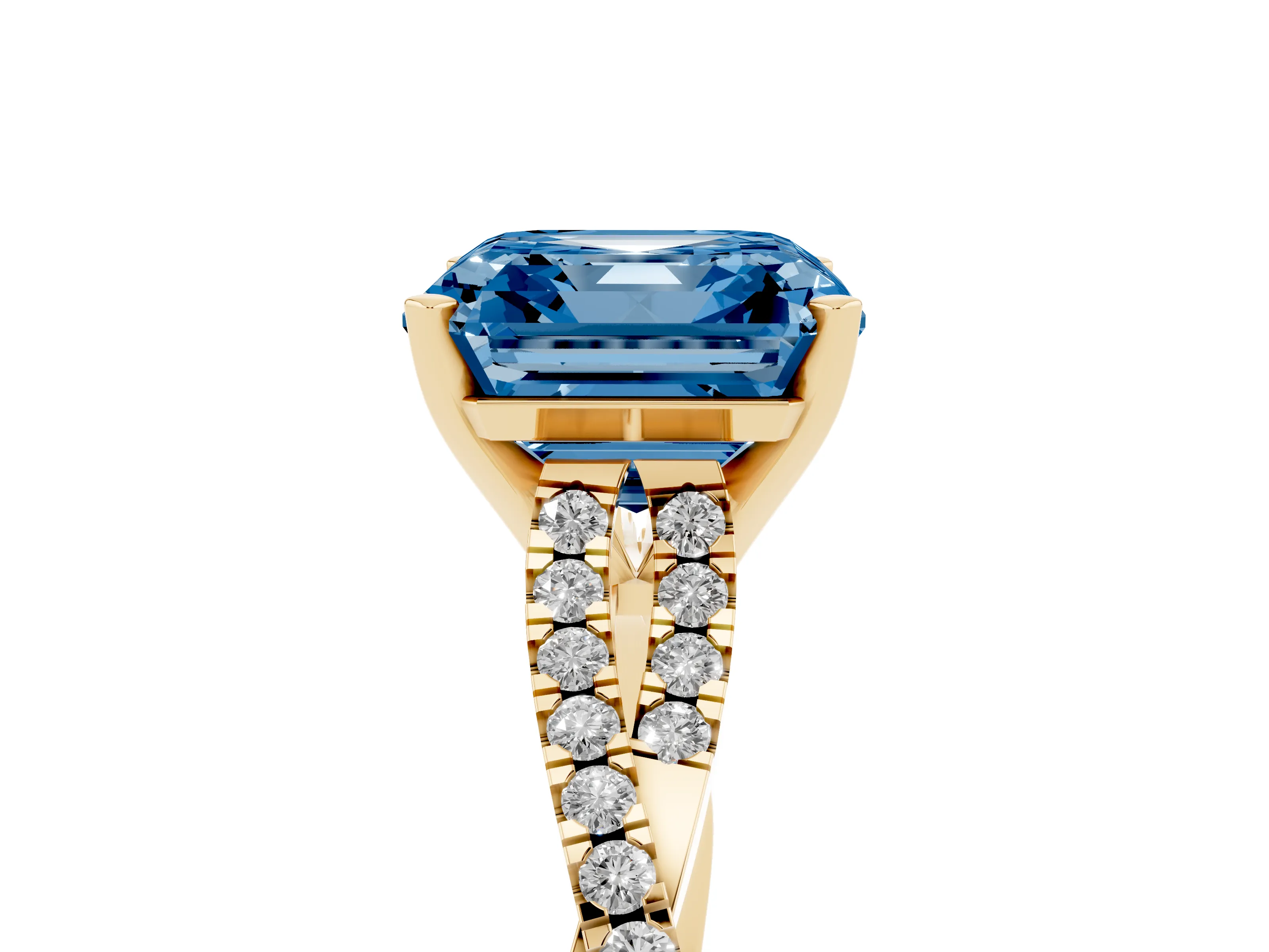Fancy Blue Asscher Cut Diamond Solitaire Engagement Ring Set in Yellow gold with Twisted Pavé Band and Prong Setting
