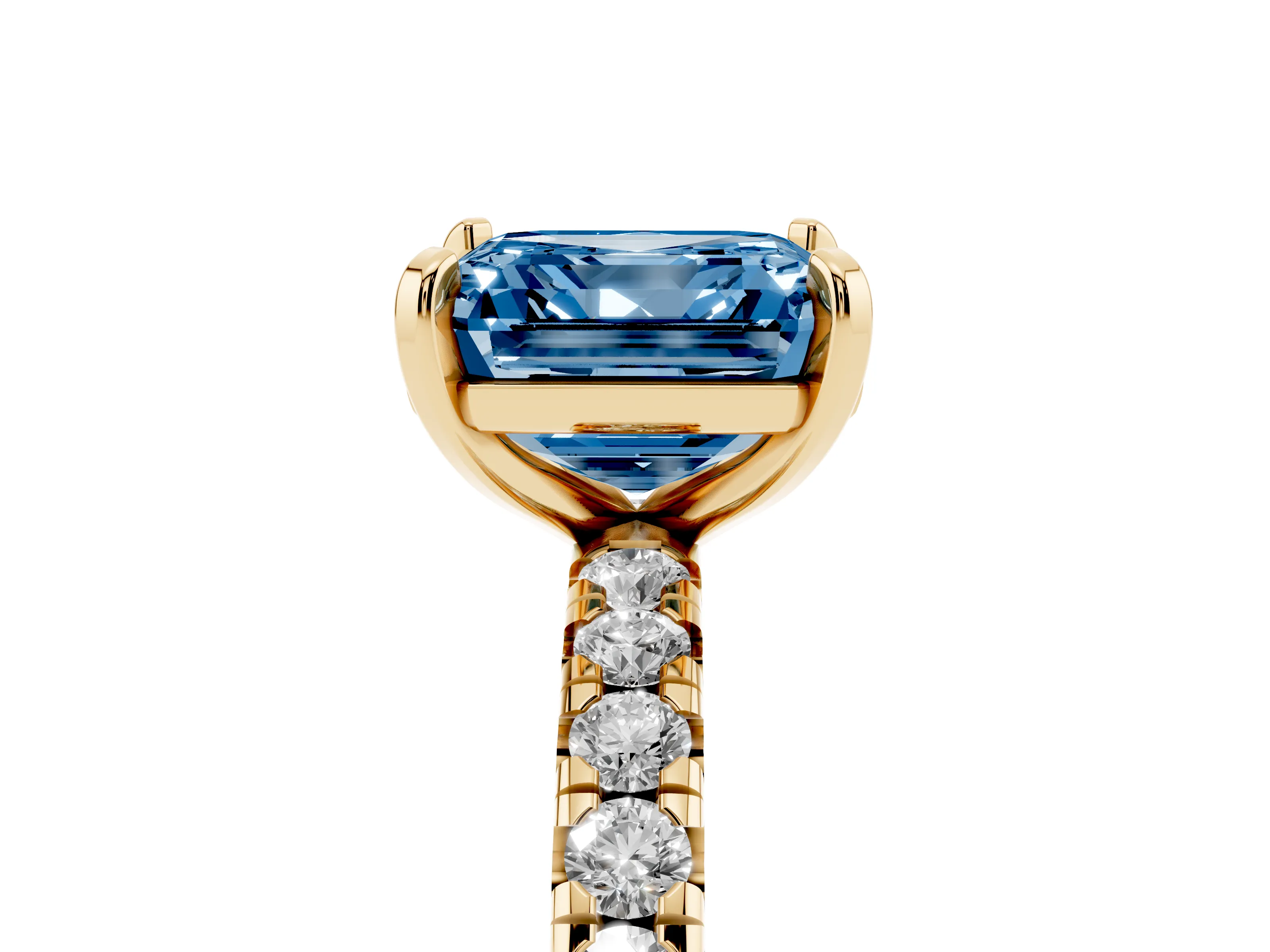 Fancy Blue Asscher Cut Diamond Pavé Solitaire Ring Set in Yellow gold with Round Band and Prong Setting