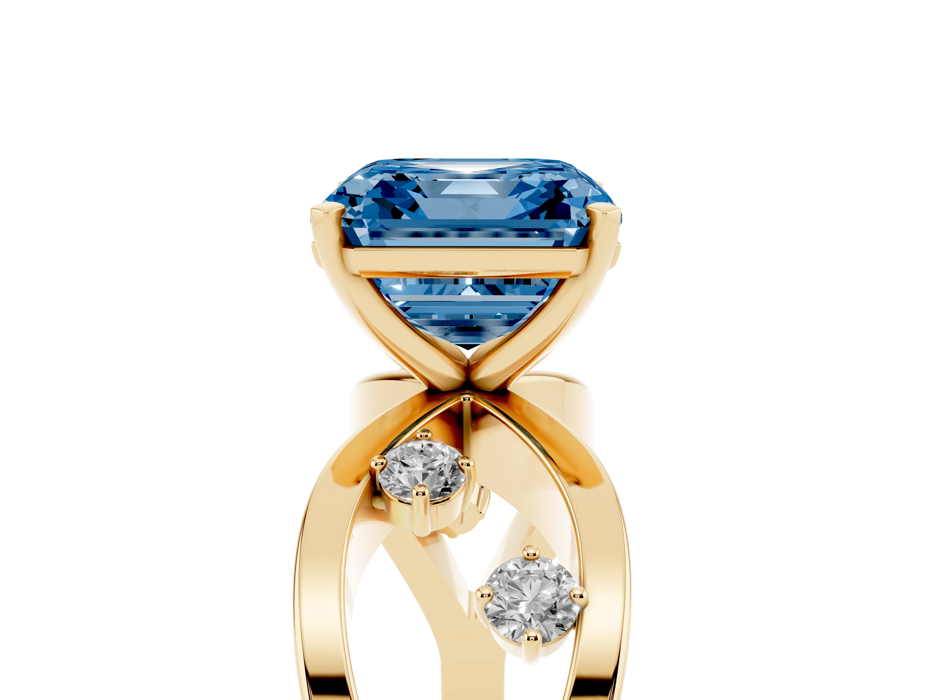 Fancy Blue Asscher Cut Diamond Solitaire Ring Set in Yellow gold with Side Stones on Criss-Cross Band and Prong Setting