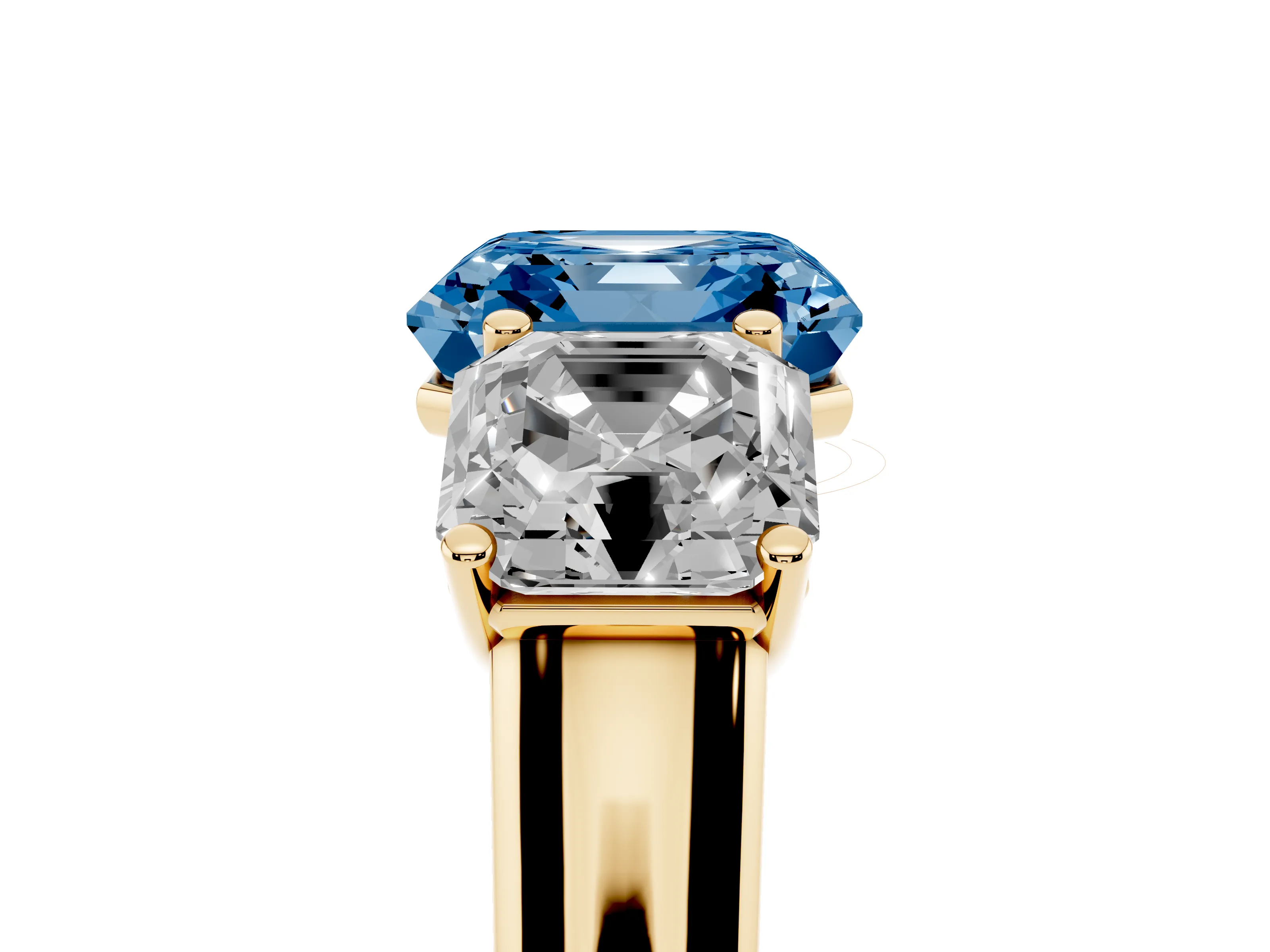 Fancy Blue Asscher Cut Diamond Three-Stone Ring Set in Yellow gold with Plain Polished Band