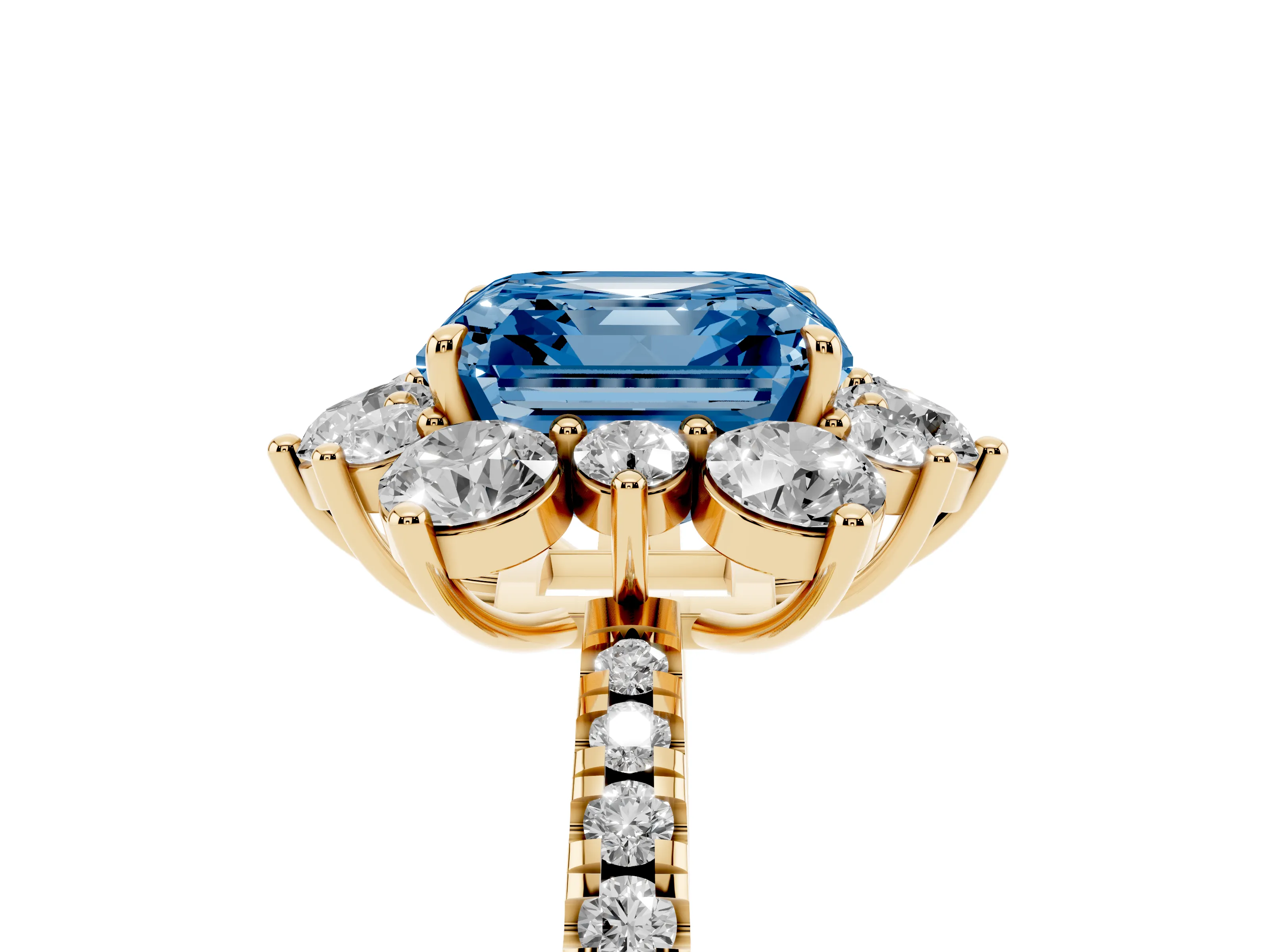 Fancy Blue Asscher Cut Diamond Floral Halo Ring Set in Yellow gold with Round Pavé Band and Prong Setting