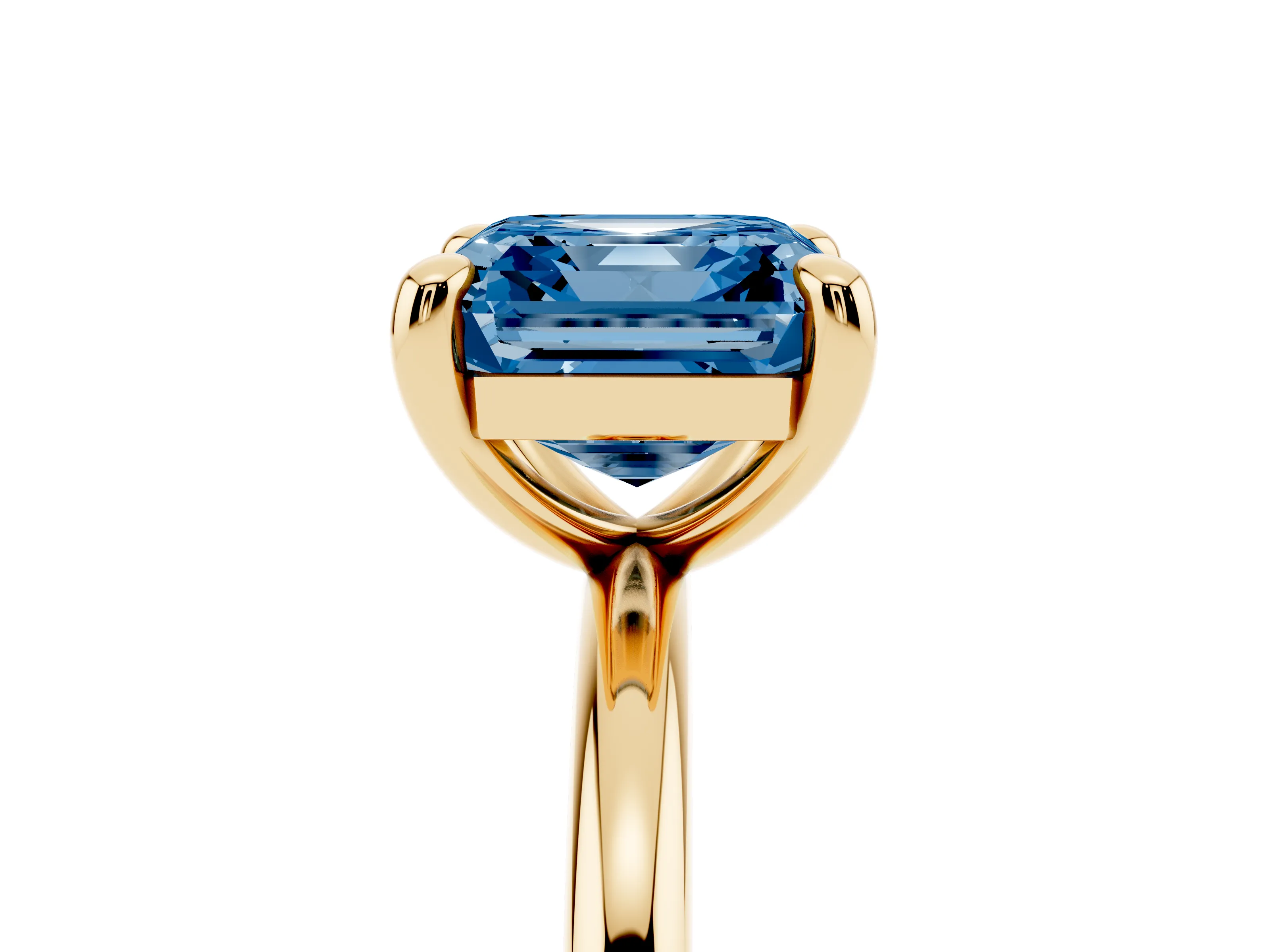 Fancy Blue Asscher Cut Diamond Solitaire Ring Set in Yellow gold with Prong Setting on a Polished Plain Band