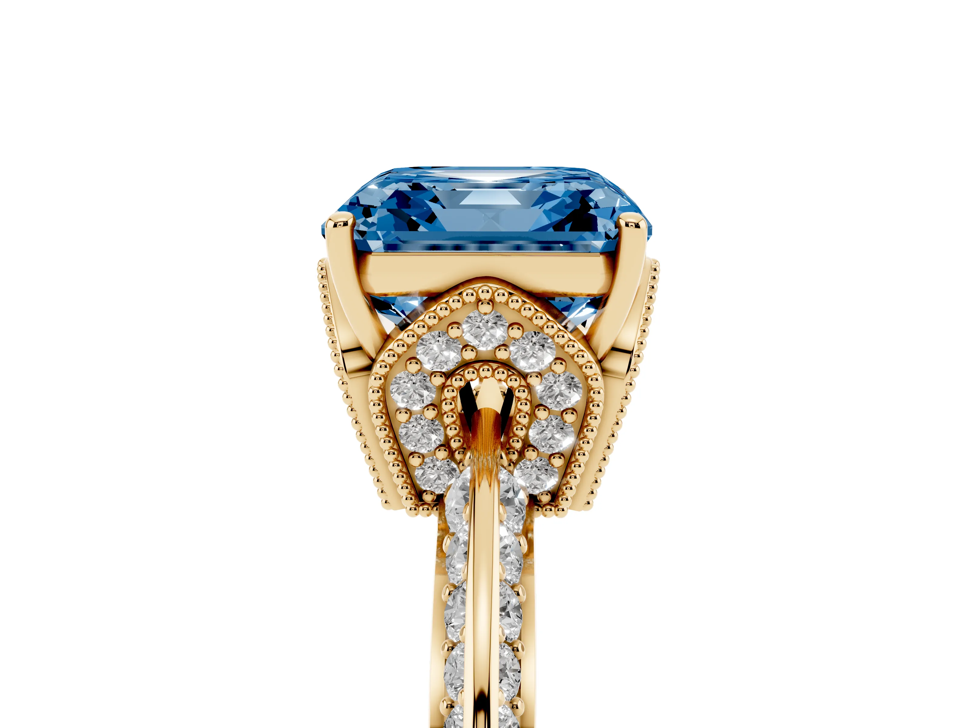 Fancy Blue Asscher Cut Diamond Solitaire Engagement Ring Set in Yellow gold with Pavé Split Shank and Prong Setting