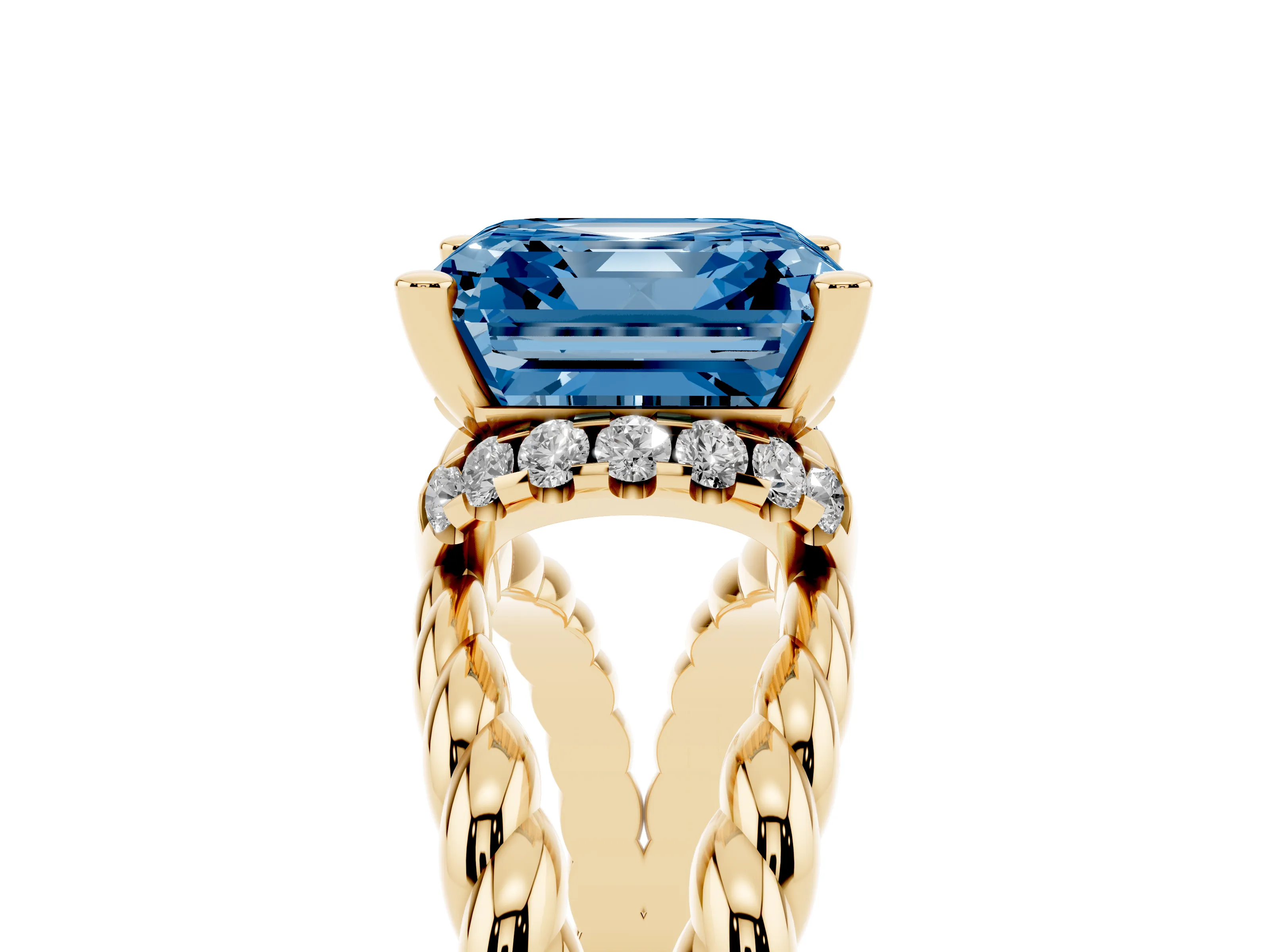 Fancy Blue Asscher Cut Diamond Halo Ring Set in Yellow gold with Twisted Band and Prong Setting