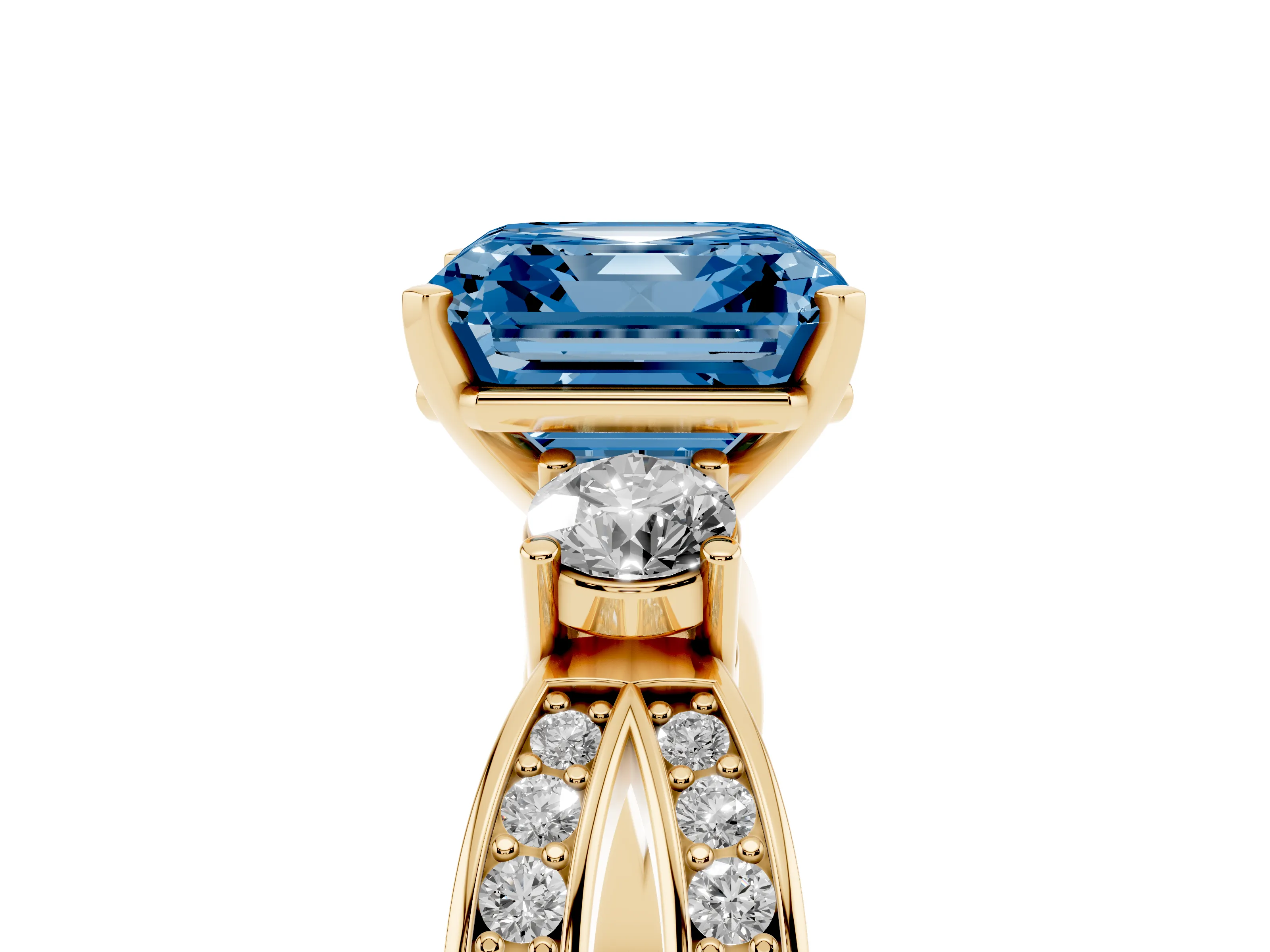 Fancy Blue Three-Stone Asscher Cut Diamond Twist Band Ring Set in Yellow gold with Pavé Accents and Prong Setting