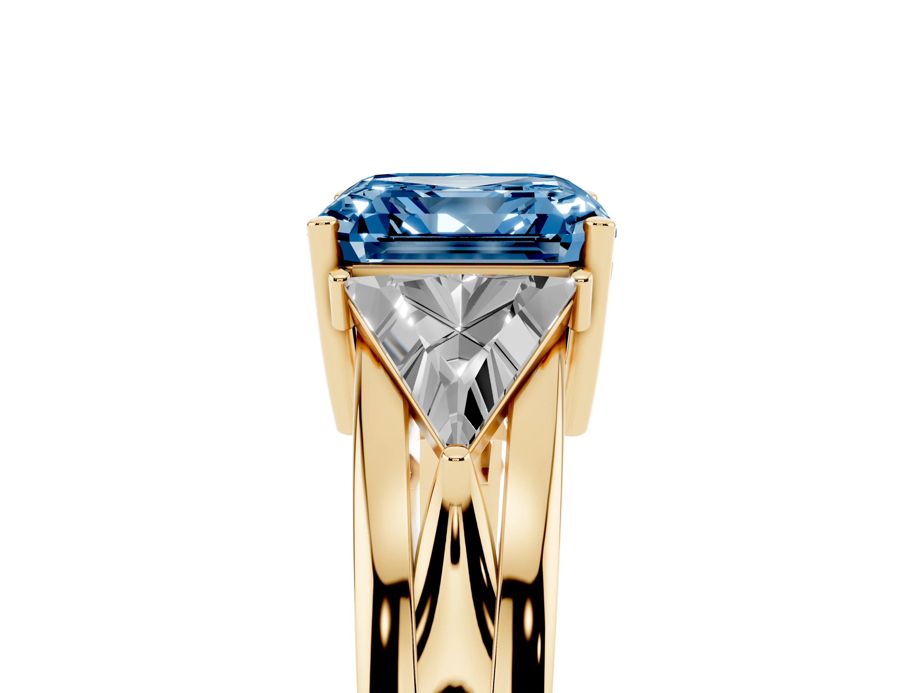 Fancy Blue Asscher Cut Diamond Three-Stone Ring Set in Yellow gold with Trillion Side Stones and Split Shank