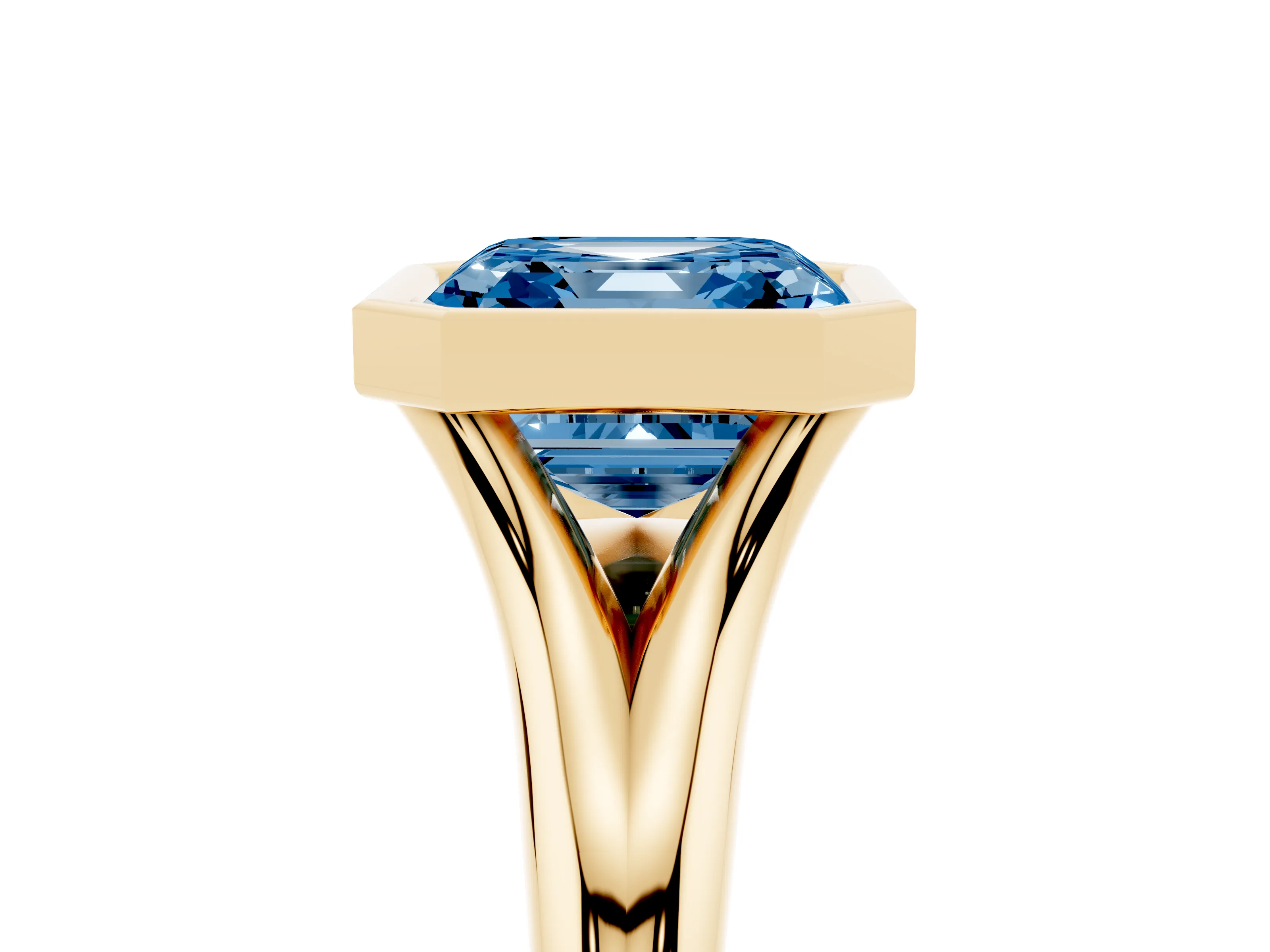 Fancy Blue Bezel Set Asscher Cut Diamond Solitaire Ring Set in Yellow gold with Smooth Band
