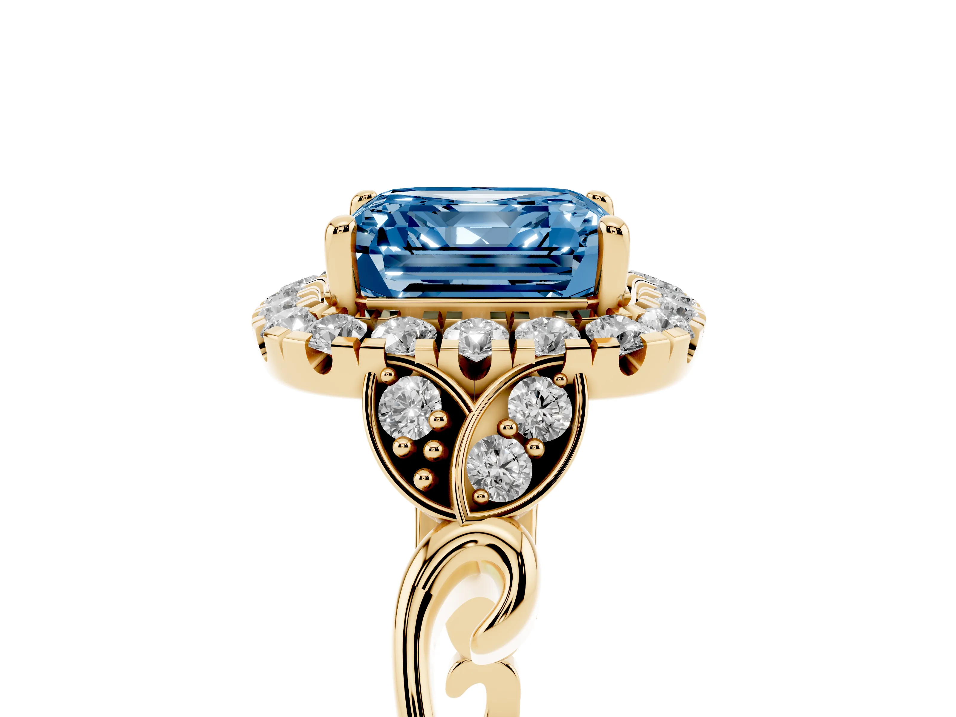 Fancy Blue Asscher Cut Diamond Halo Engagement Ring Set in Yellow gold with Vintage-Inspired Band and Prong Setting