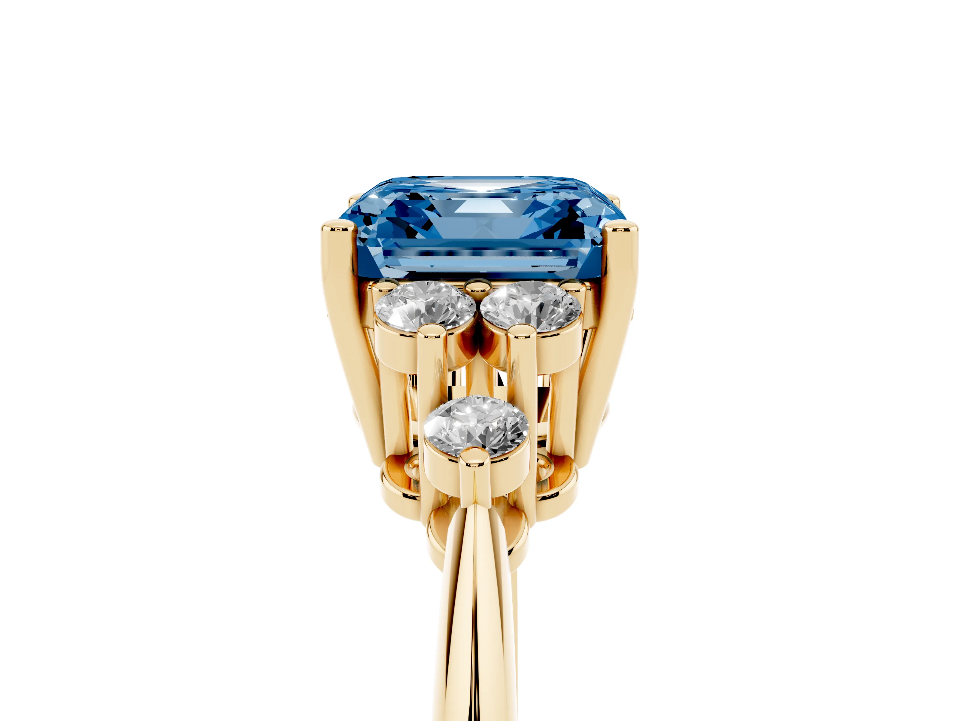 Fancy Blue Asscher Cut Diamond Cluster Ring Set in Yellow gold with Plain Band and Prong Setting