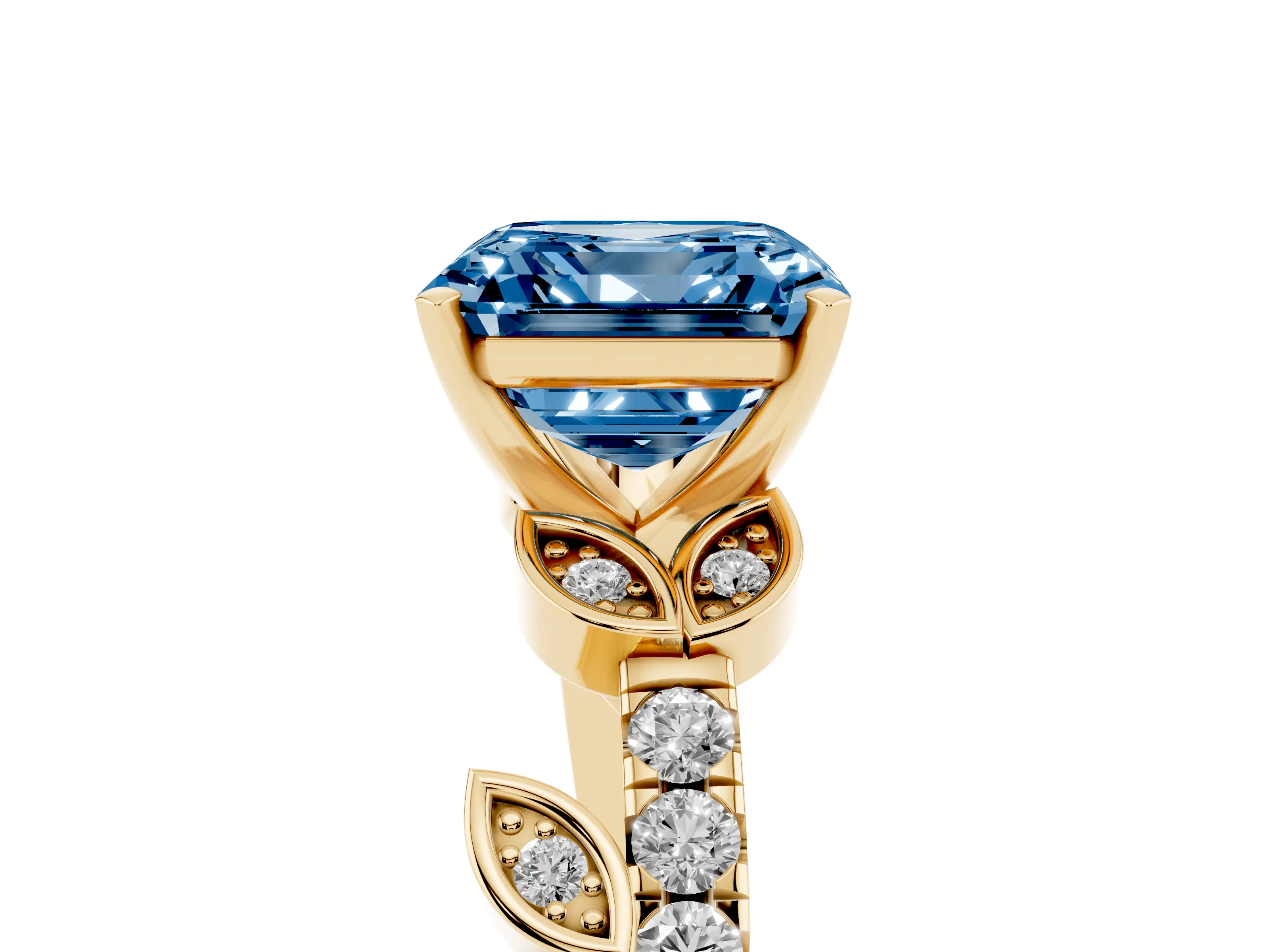 Fancy Blue Asscher Cut Diamond Solitaire Leaf-Inspired Ring Set in Yellow gold with Pavé Band and Prong Setting