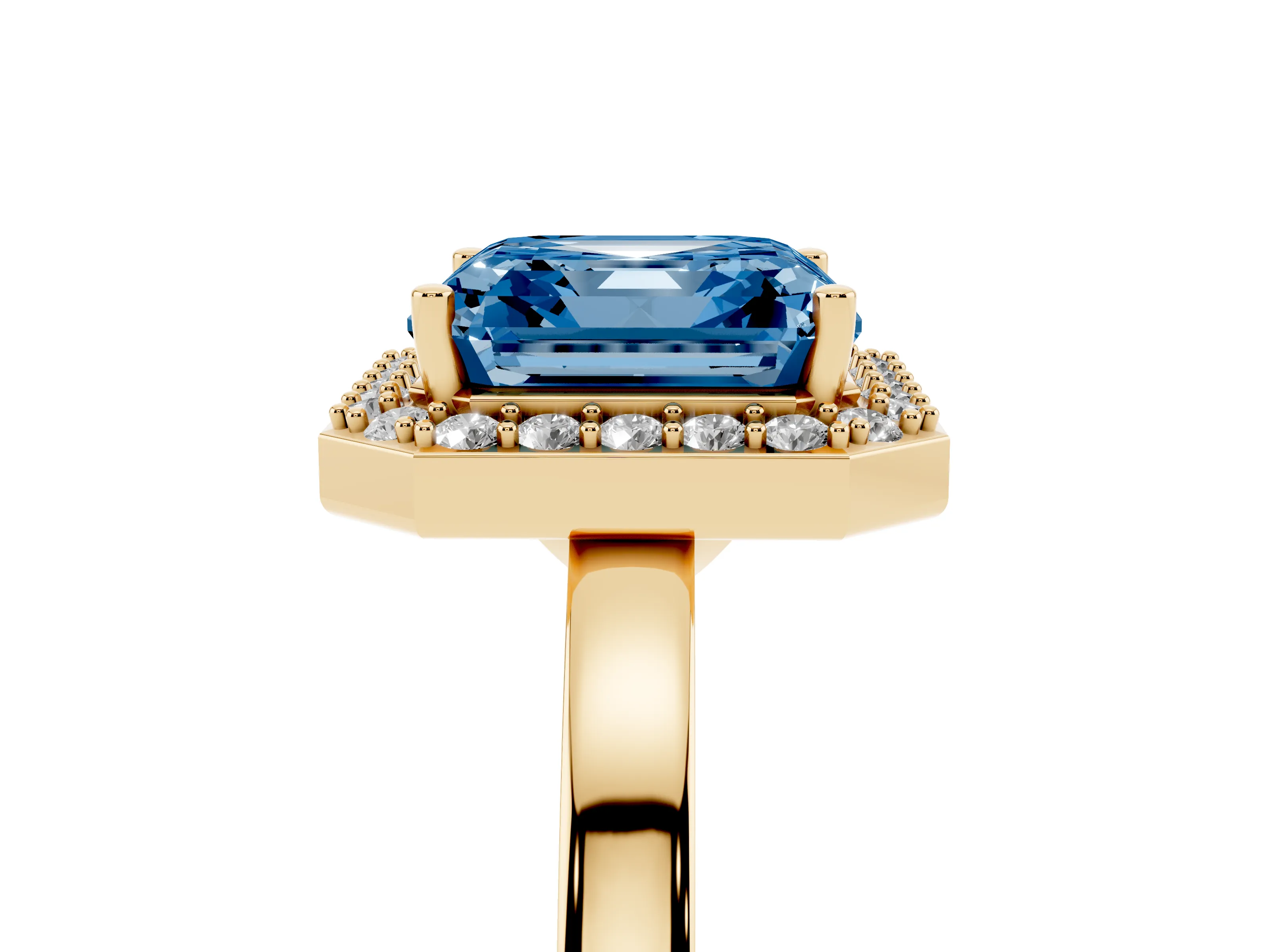 Fancy Blue Asscher Cut Diamond Halo Ring Set in Yellow gold with Solitaire Band and Prong Setting