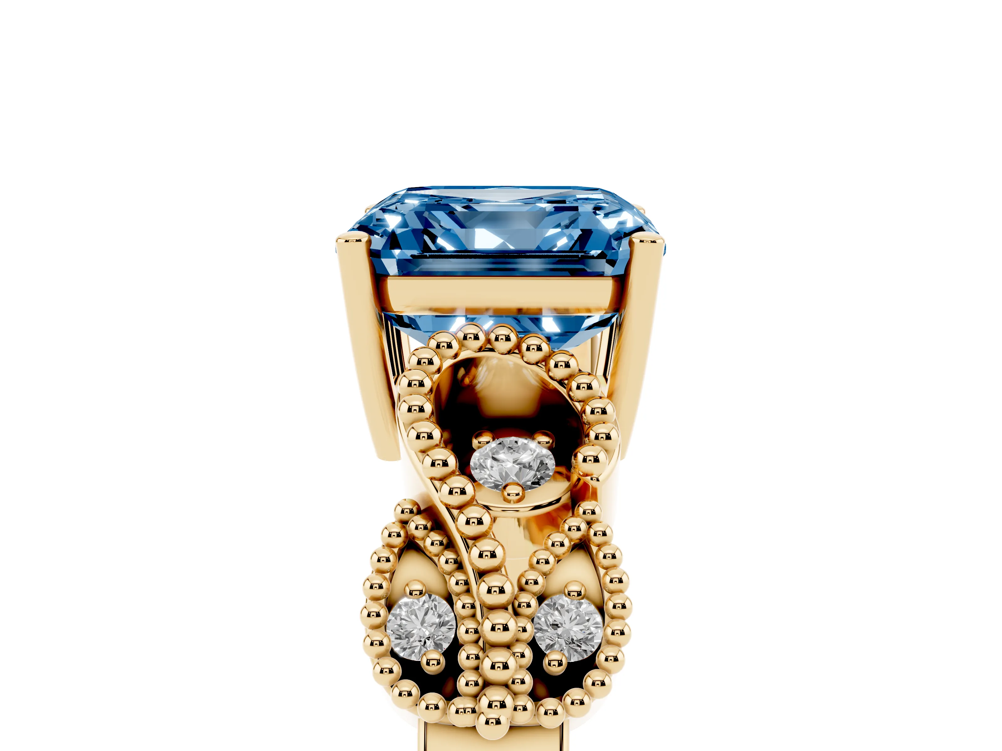 Fancy Blue Asscher Cut Diamond Milgrain Leaf Band Solitaire Ring Set in Yellow gold with Accent Stones and Prong Setting
