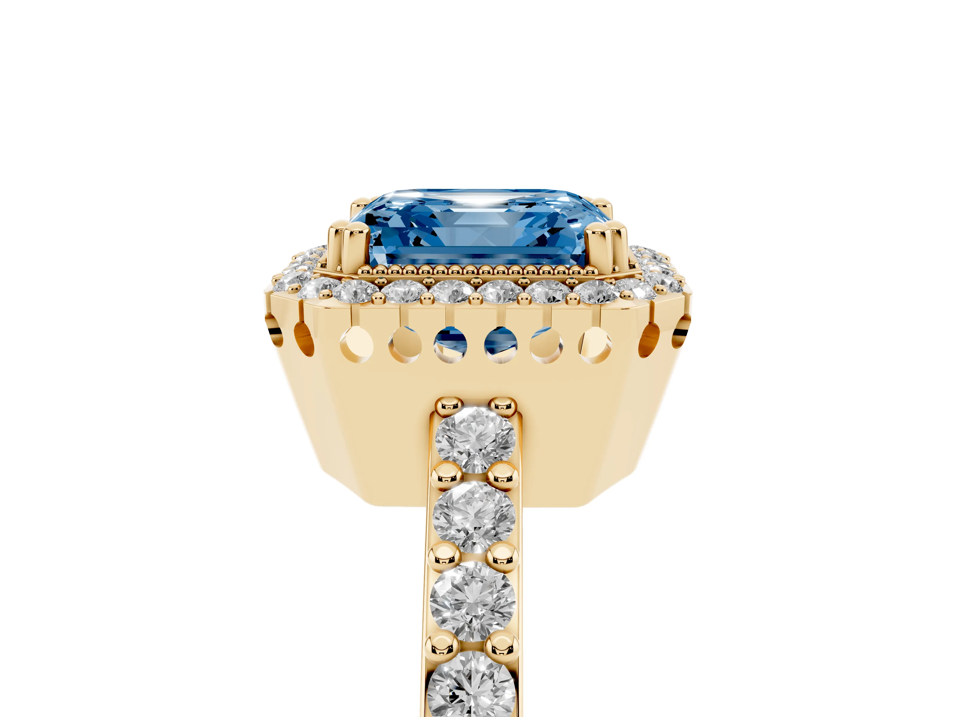 Fancy Blue Asscher Cut Diamond Halo Engagement Ring Set in Yellow gold with Milgrain Detail and Pavé Band