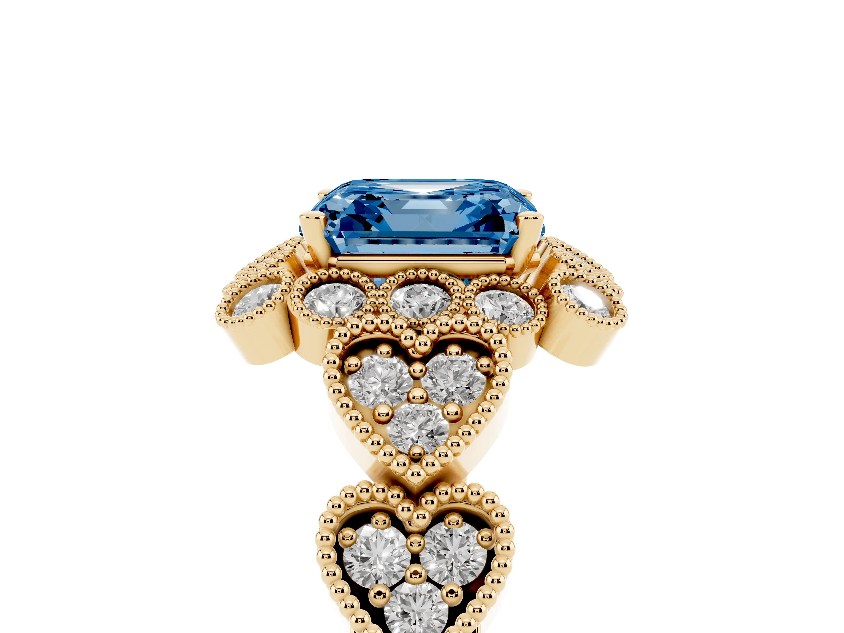 Fancy Blue Asscher Cut Diamond Solitaire Ring Set in Yellow gold with Milgrain Pavé Heart Band