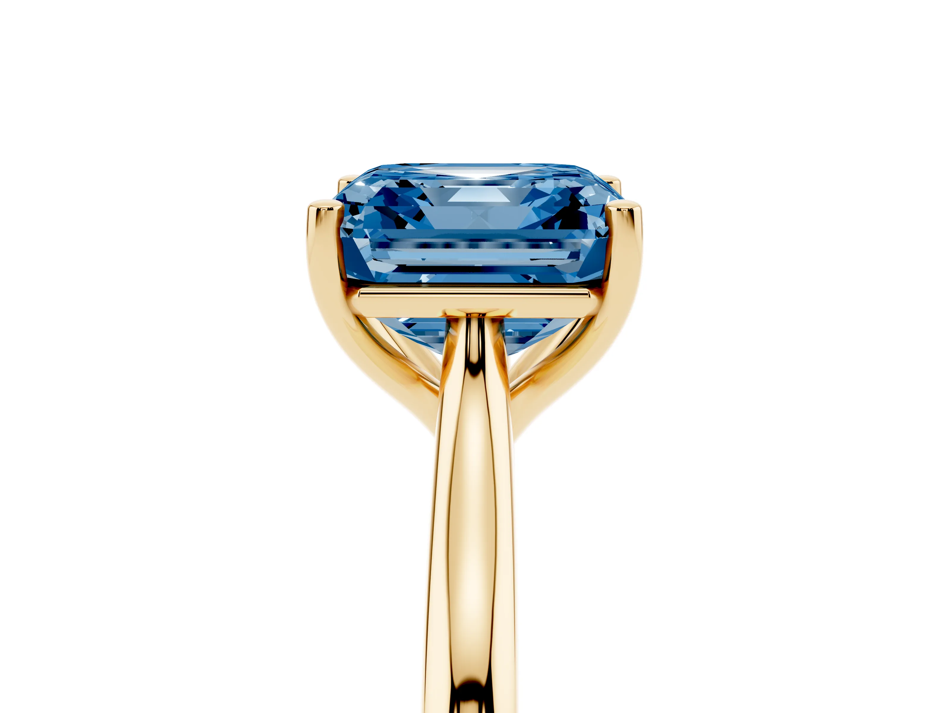 Fancy Blue Asscher Cut Diamond Solitaire Ring Set in Yellow gold with Cathedral Band and Prong Setting