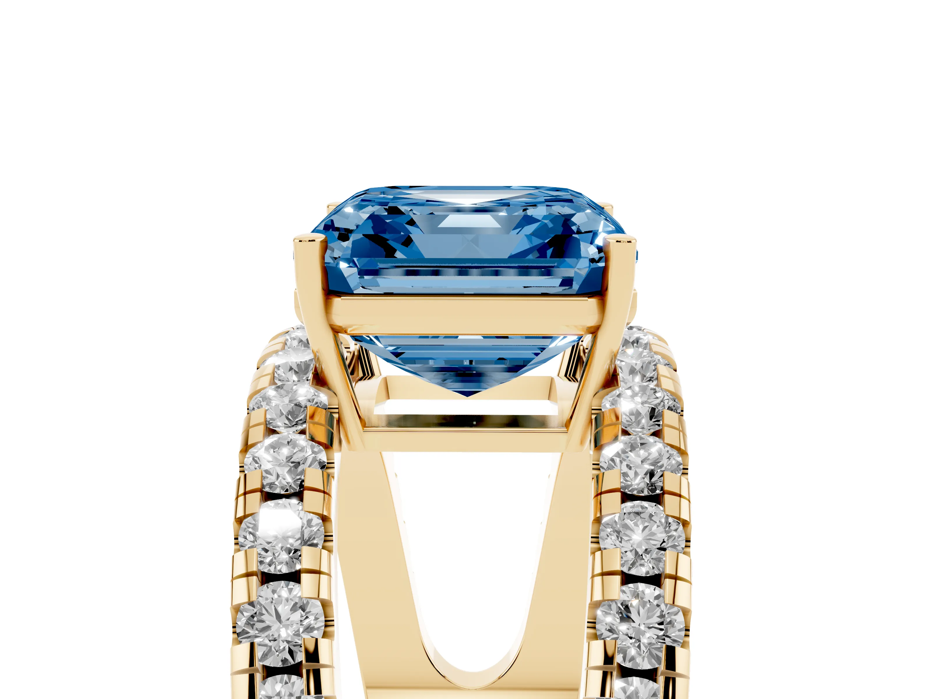 Fancy Blue Asscher Cut Diamond Split Shank Pavé Solitaire Ring Set in Yellow gold with Open Shank Design