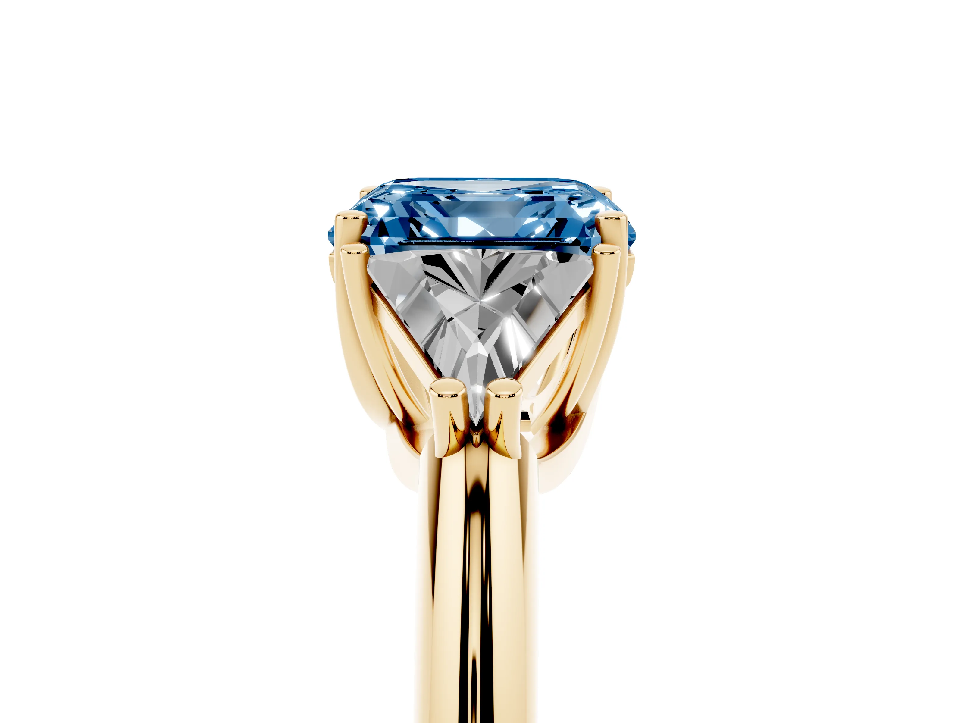 Fancy Blue Asscher Cut Diamond Three-Stone Engagement Ring Set in Yellow gold with Trillion Side Stones