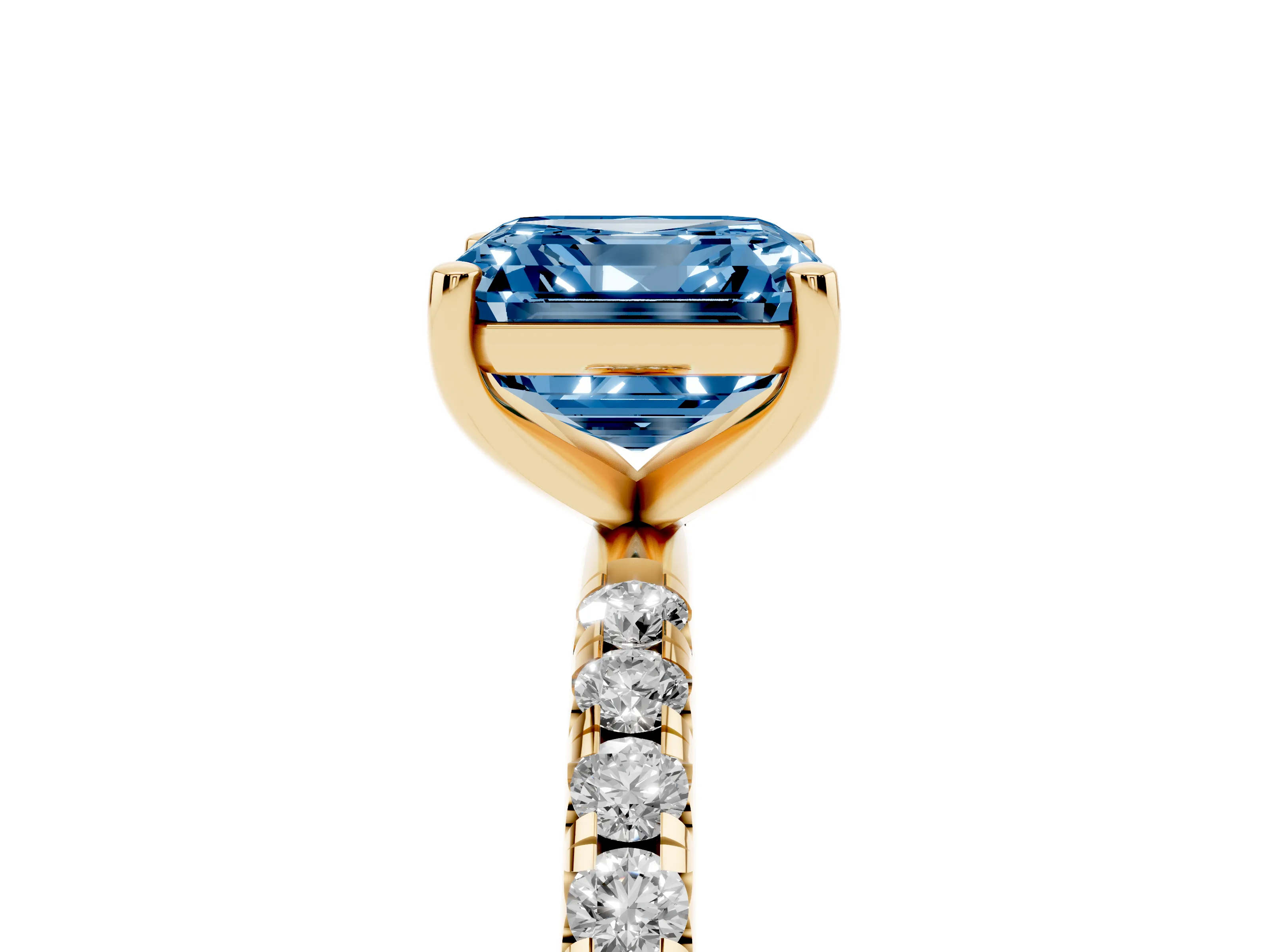 Fancy Blue Asscher Cut Diamond Solitaire Ring Set in Yellow gold with Micro Pavé Band and Prong Setting