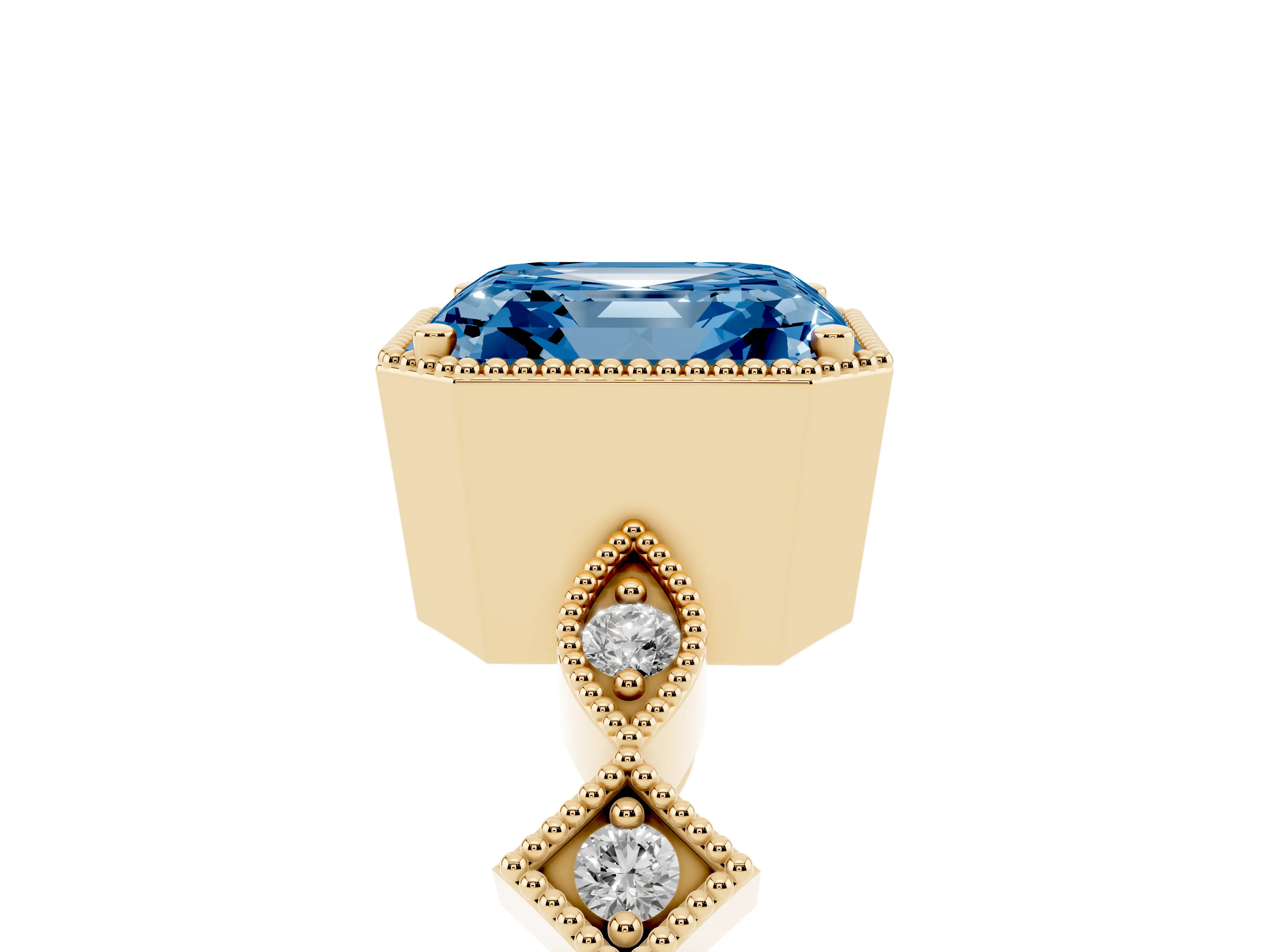 Fancy Blue Asscher Cut Diamond Milgrain Marquise Twist Band Ring Set in Yellow gold with Prong Setting