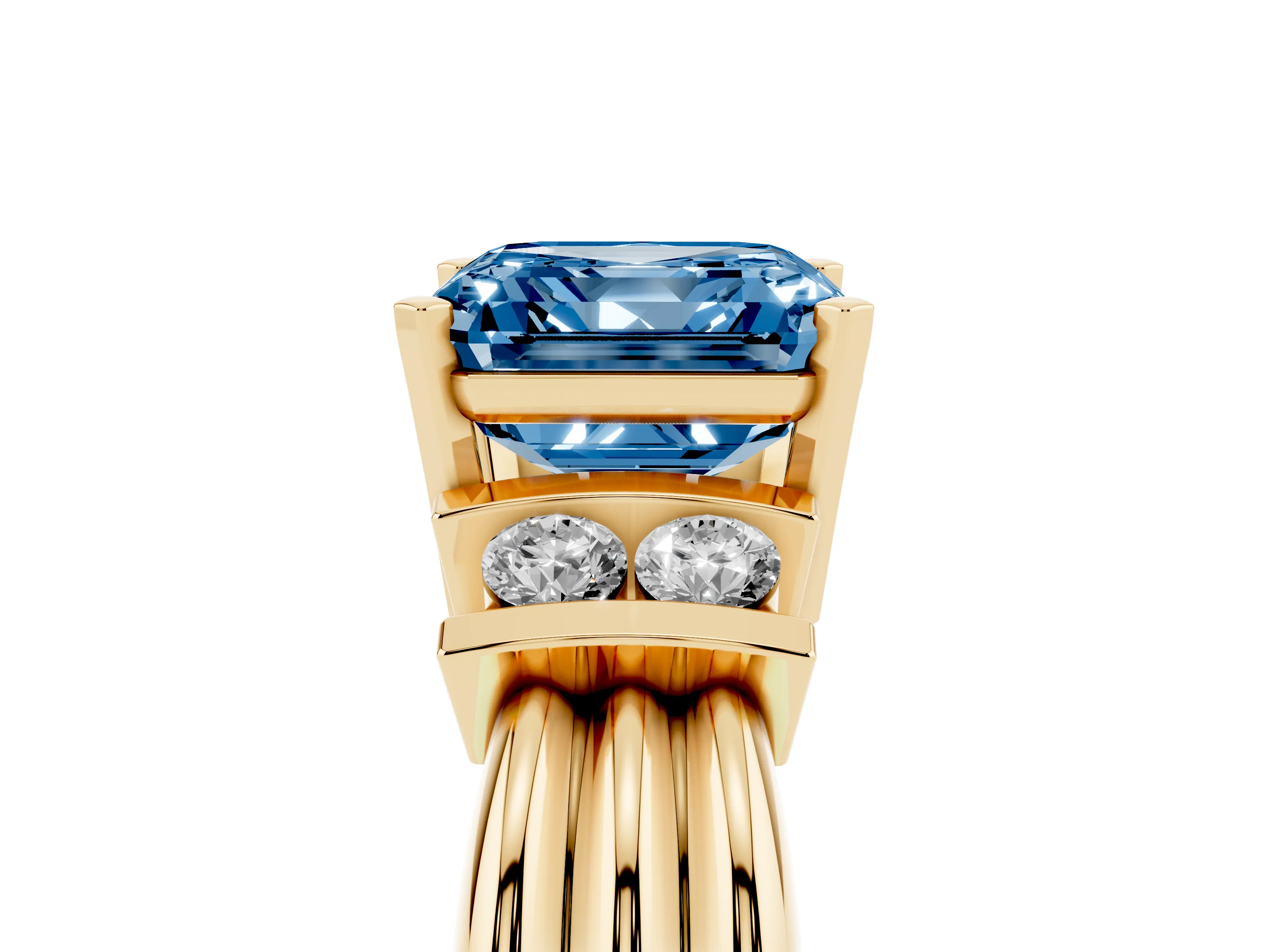 Fancy Blue Three-Stone Asscher Cut Diamond Channel Set Ring Set in Yellow gold with Bar Prongs
