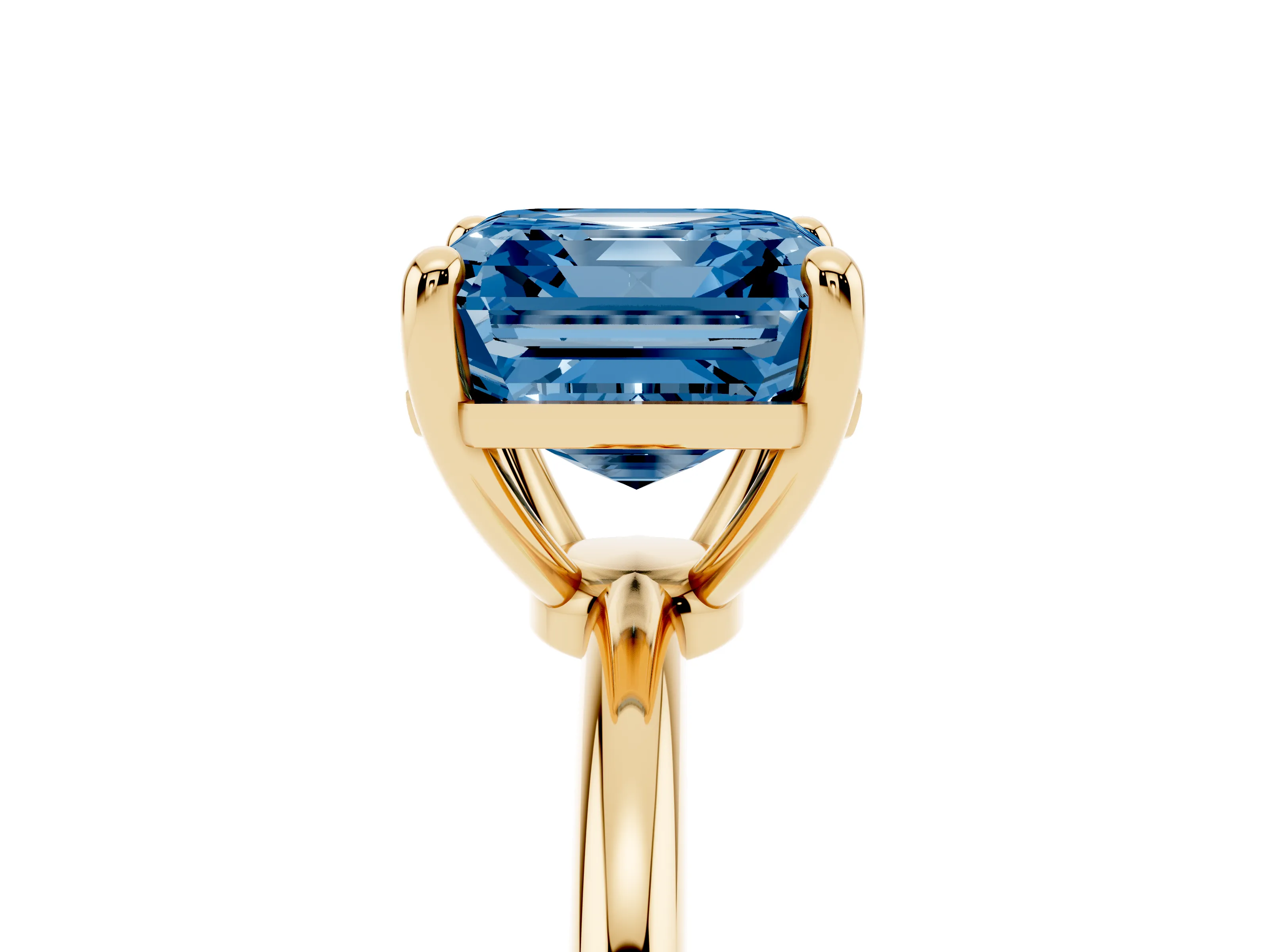 Fancy Blue Asscher Cut Diamond Solitaire Ring Set in Yellow gold with Secure Prong Setting on a Classic Band