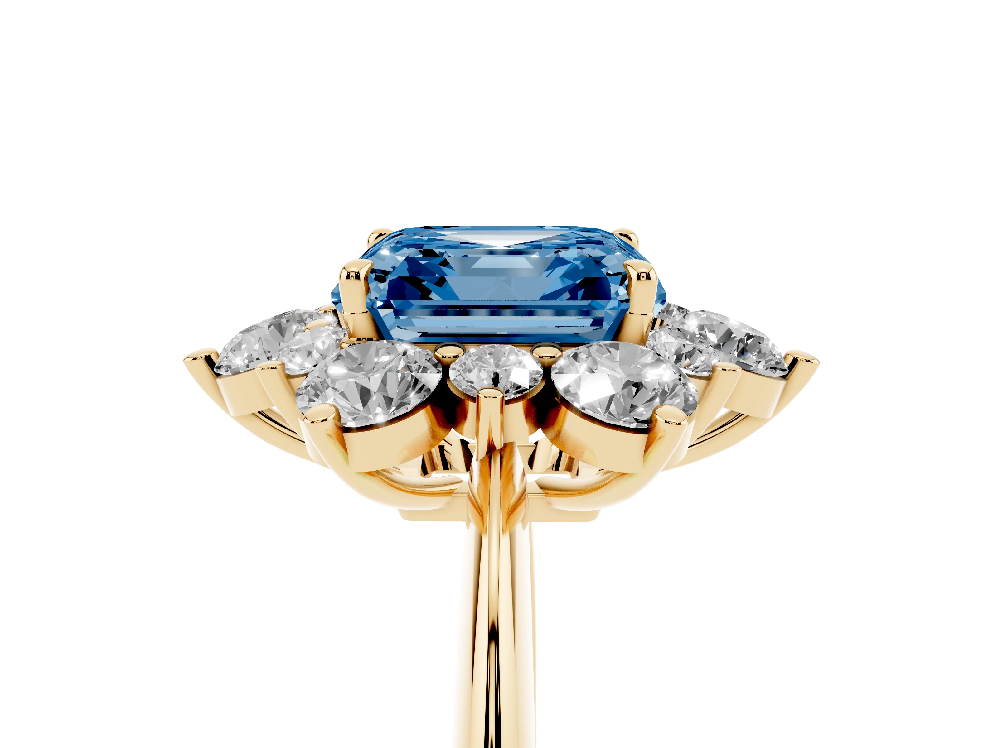Fancy Blue Asscher Cut Diamond Cluster Halo Ring Set in Yellow gold with Solitaire Band and Prong Setting