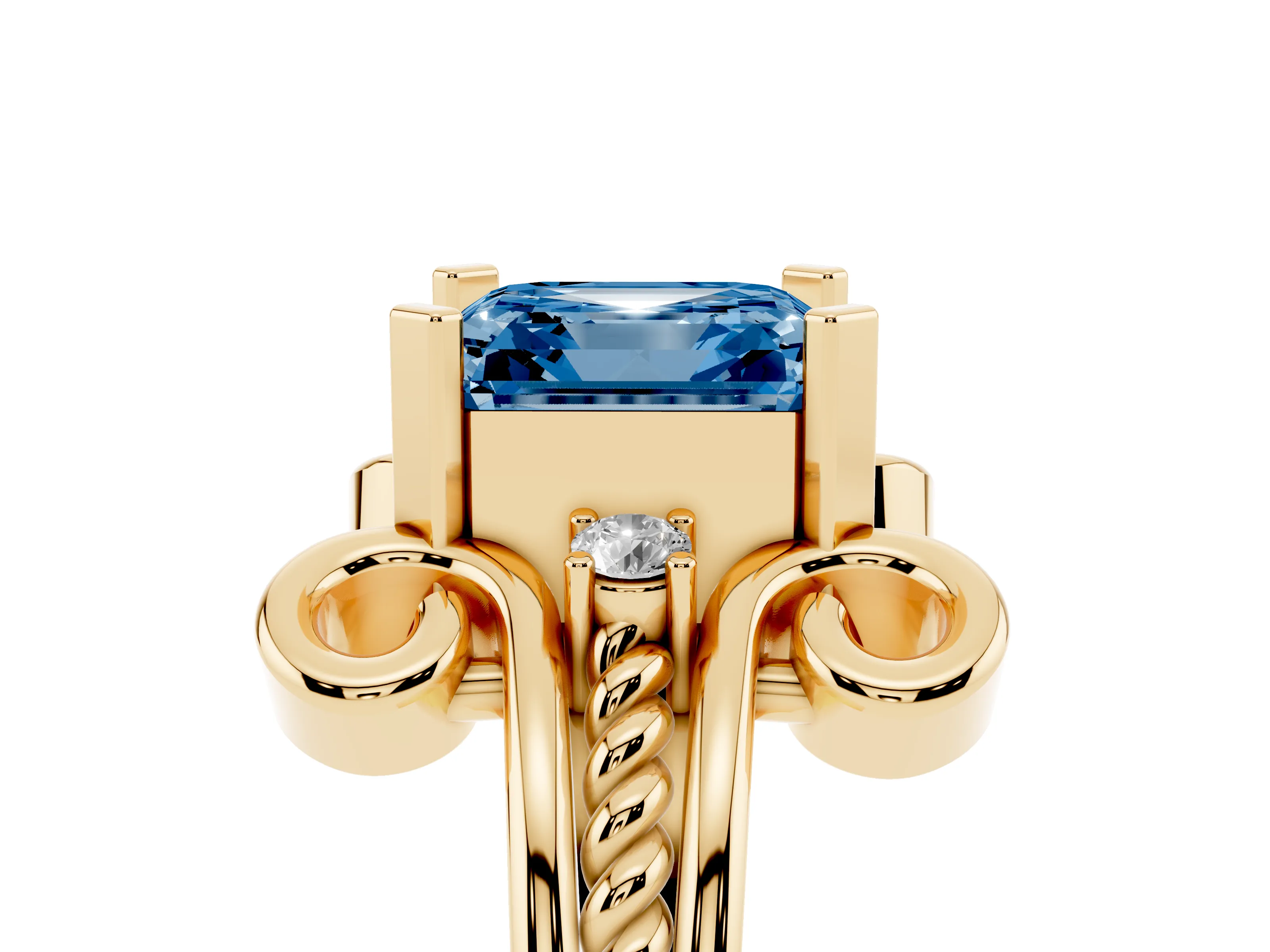 Fancy Blue Asscher Cut Diamond Twisted Band Solitaire Ring Set in Yellow gold with Scroll Prongs