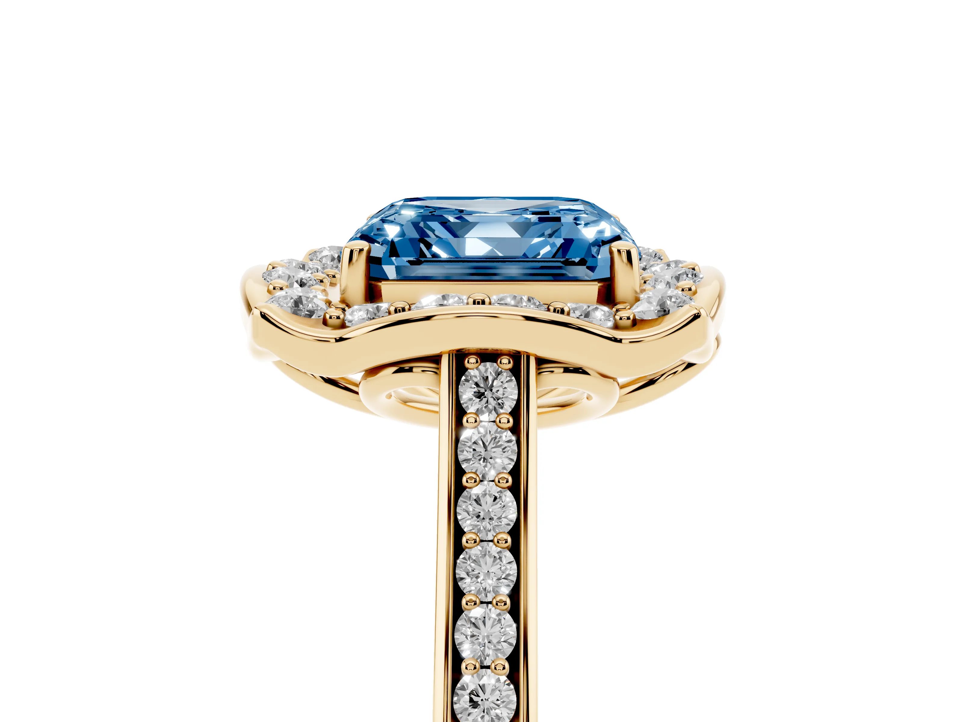 Fancy Blue Asscher Cut Diamond Halo Ring Set in Yellow gold with Pavé-Lined Shoulders and Prong Setting