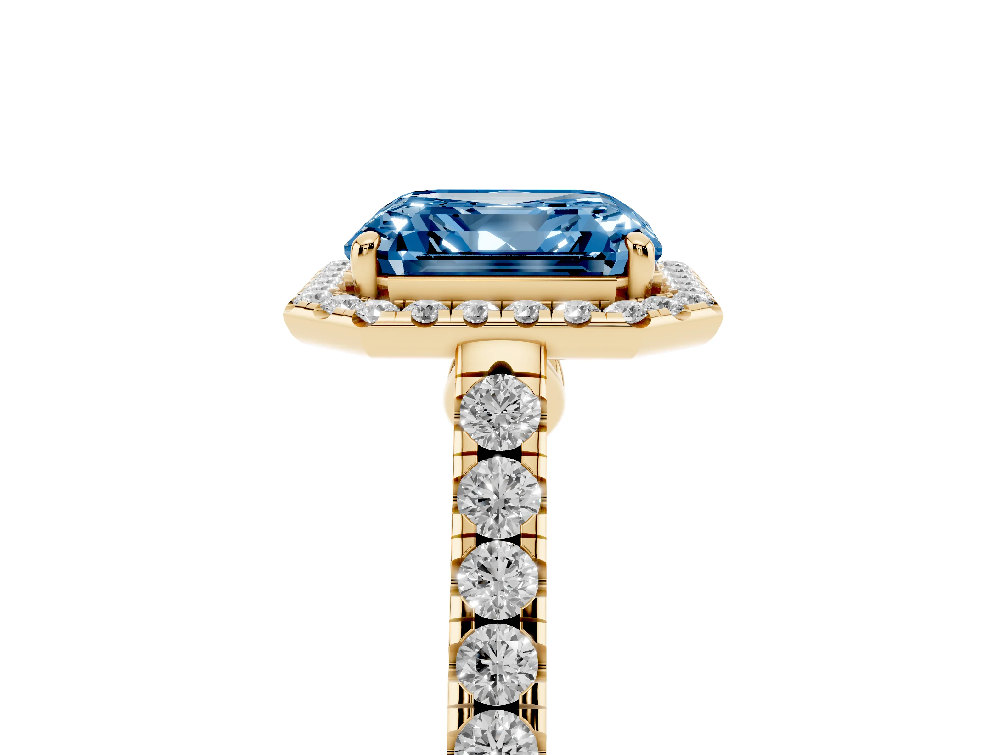 Fancy Blue Asscher Cut Diamond Halo Pavé Engagement Ring Set in Yellow gold with Prong Setting