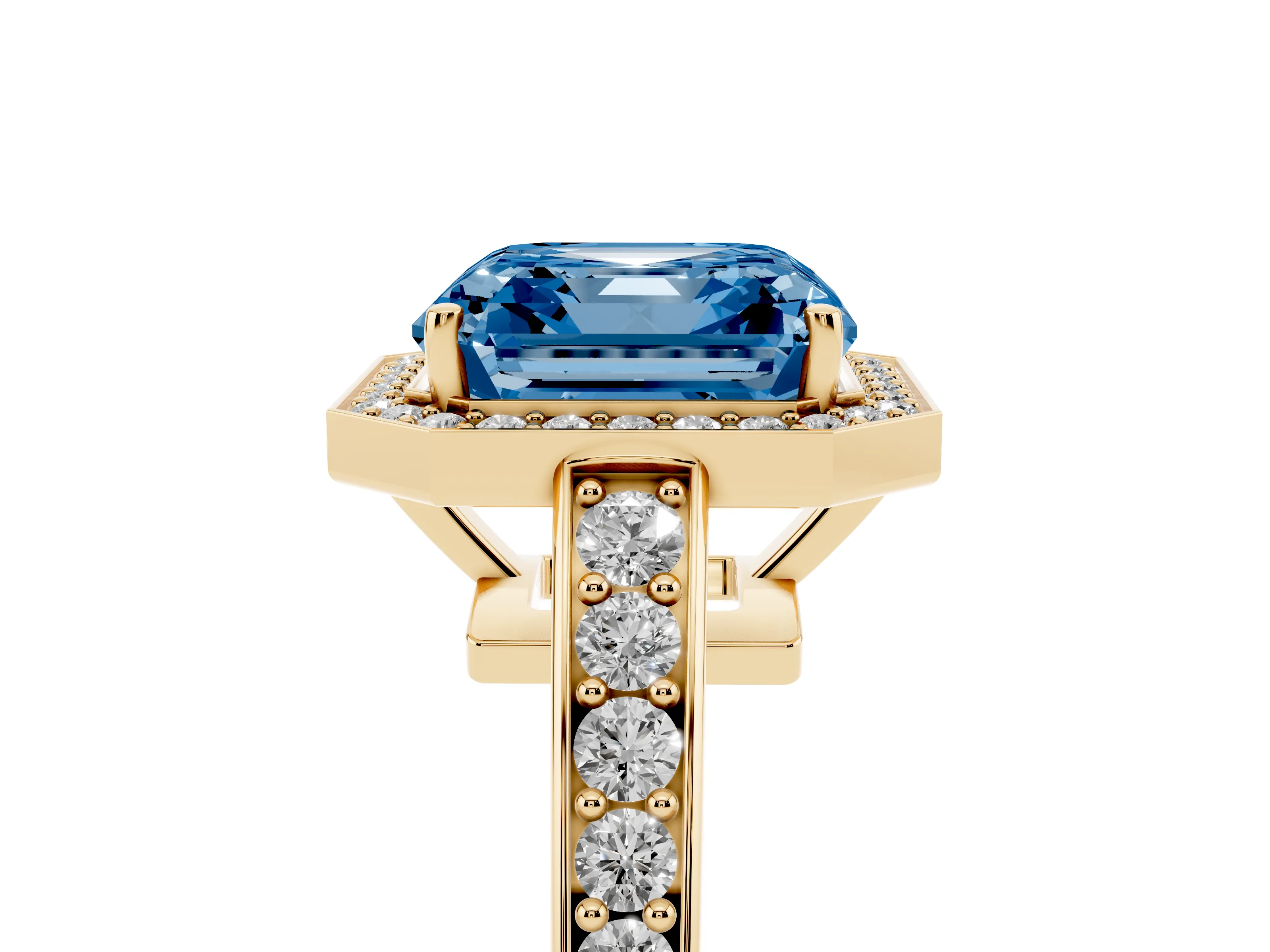 Fancy Blue Asscher Cut Diamond Halo Pavé Engagement Ring Set in Yellow gold with Bezel Setting