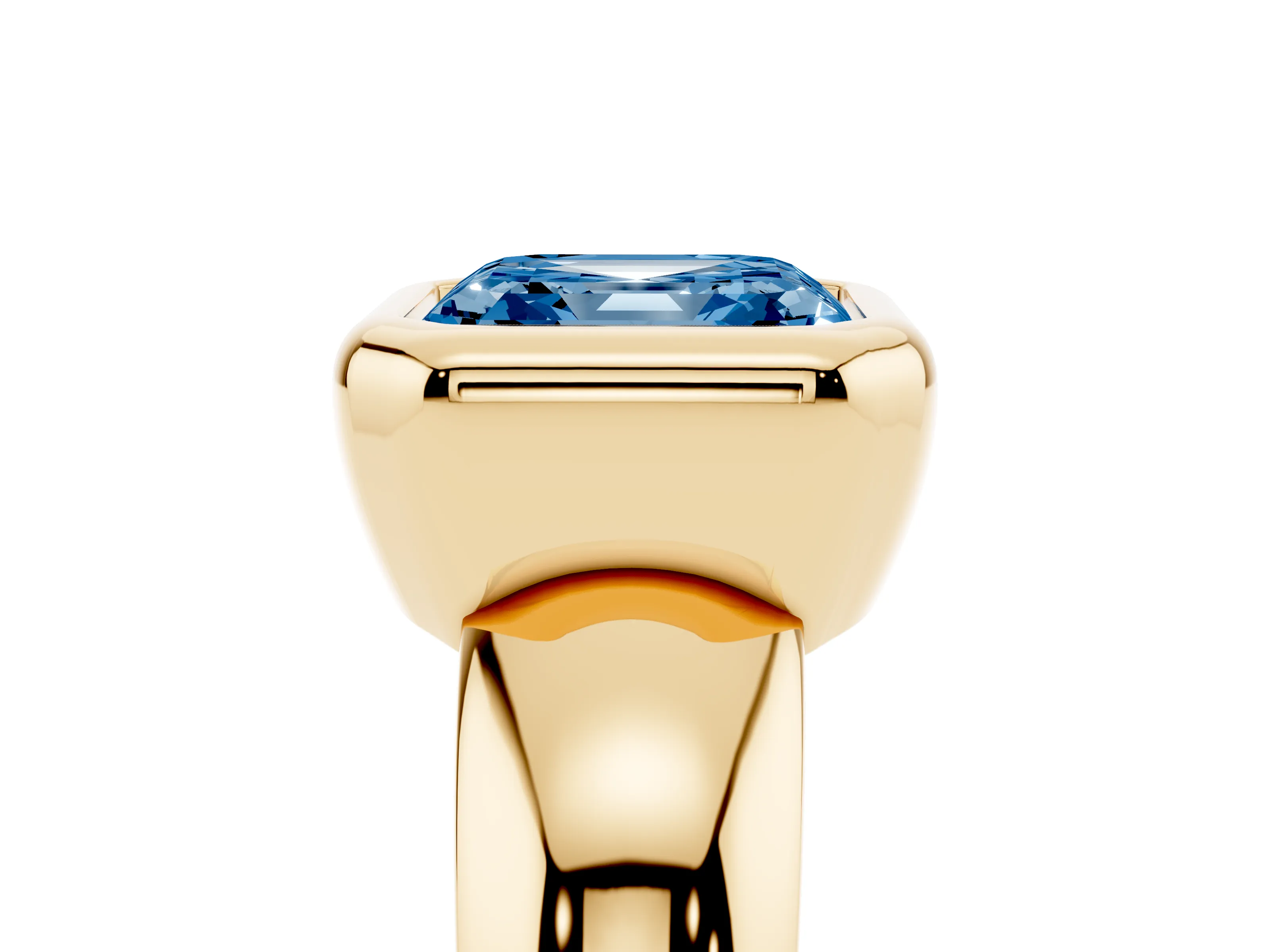 Fancy Blue Bezel Set Asscher Cut Diamond Solitaire Ring Set in Yellow gold with Wide Band